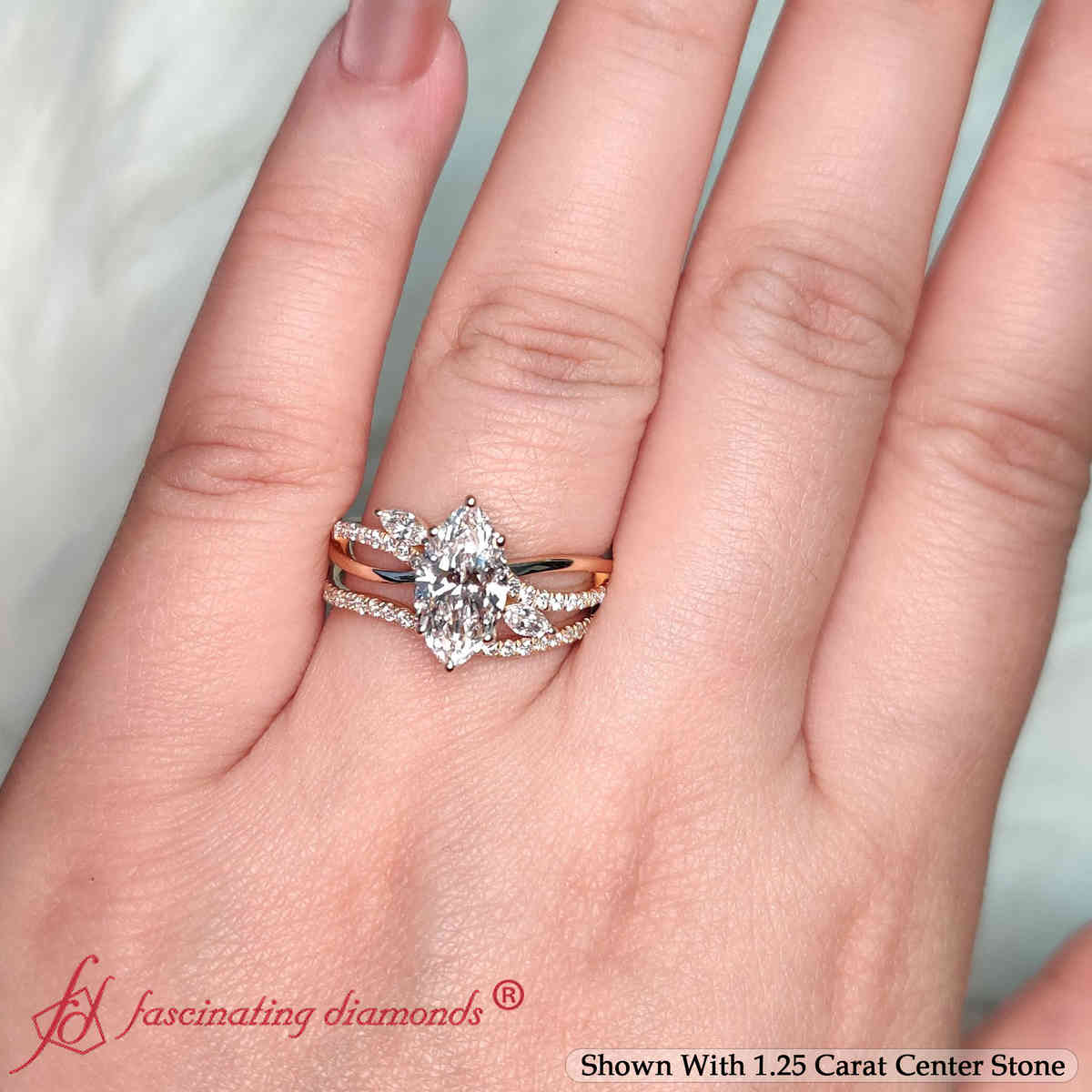 Classic Vintage Marquise Lab Diamond Wedding Set with 14K Yellow Gold White Diamond