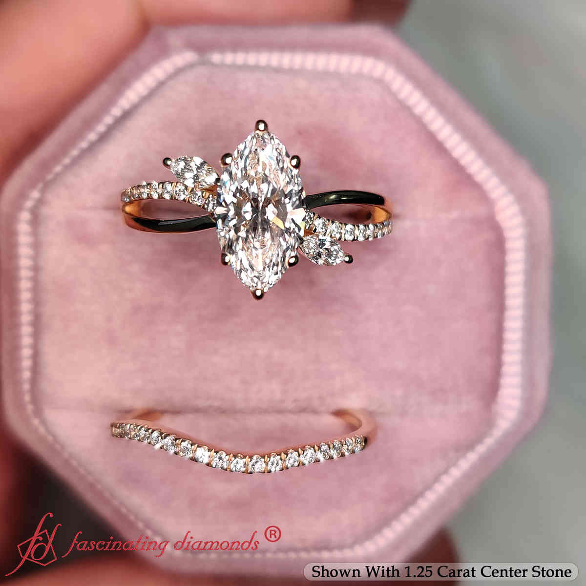 Classic Vintage Marquise Lab Diamond Wedding Set with 14K Yellow Gold White Diamond