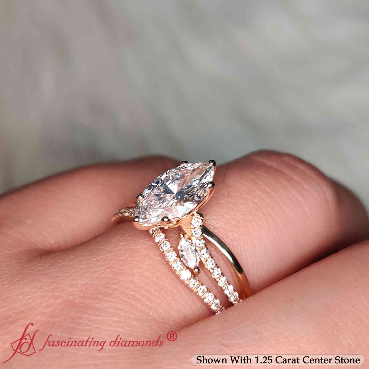 Classic Vintage Marquise Lab Diamond Wedding Set with 14K Yellow Gold White Diamond