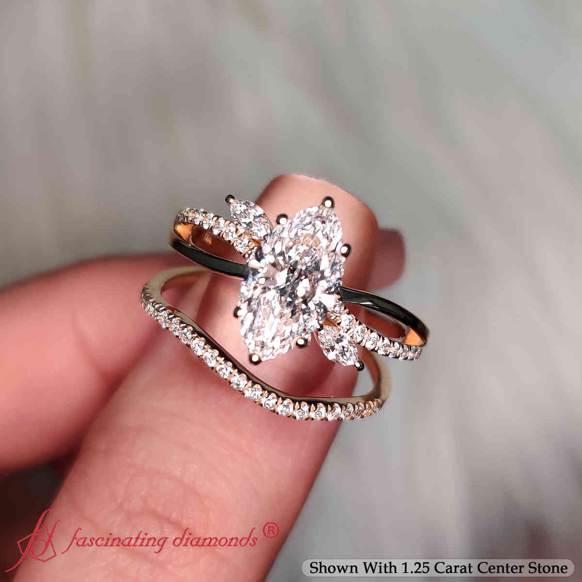 Classic Vintage Marquise Lab Diamond Wedding Set with 14K Yellow Gold White Diamond