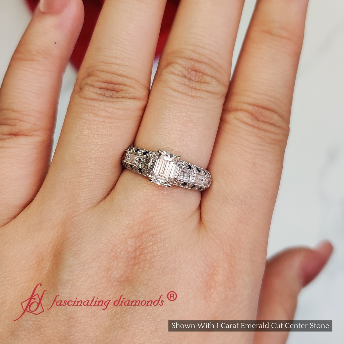 Emerald Shaped Edwardian Engagement Ring with Blue Sapphire in 14K White Gold