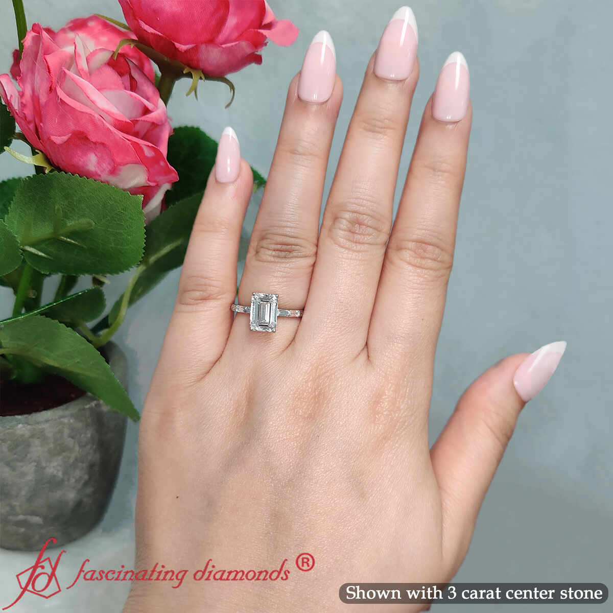 Emerald Shaped Baguette Thin Band Engagement Ring with White Diamond in 14K White Gold