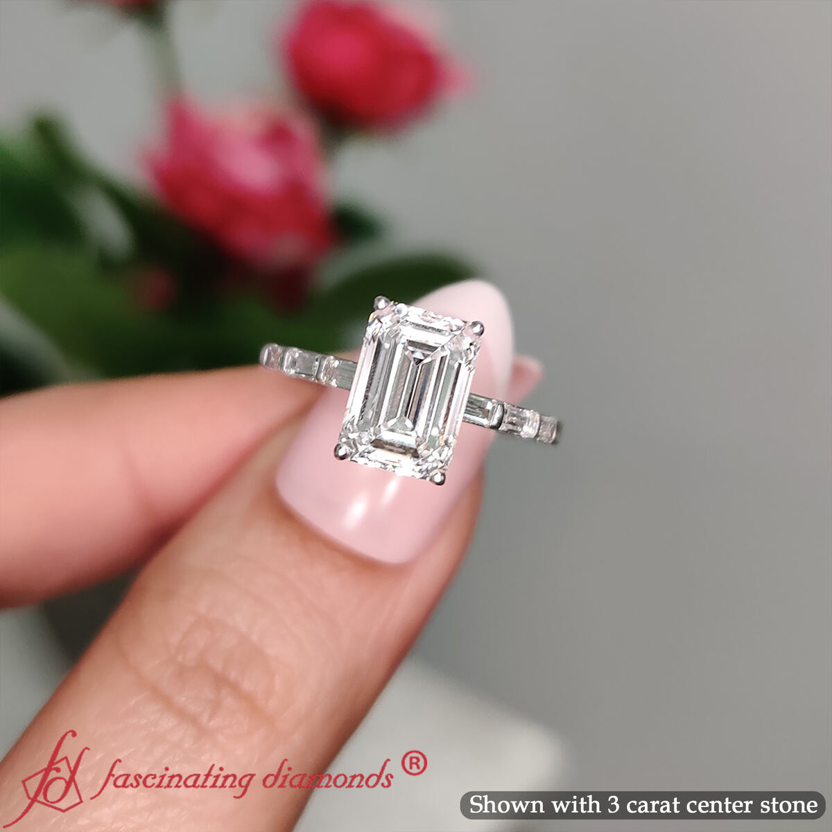 Emerald Shaped Baguette Thin Band Engagement Ring with White Diamond in 14K White Gold
