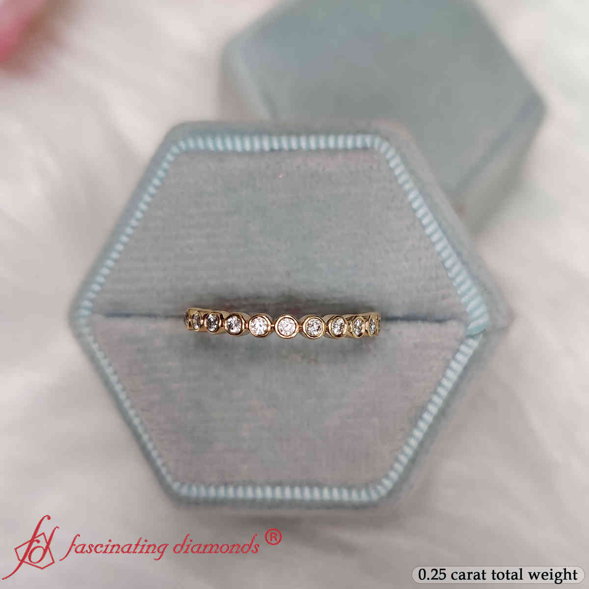 Bezel Set Round Wedding Band with 14K Yellow Gold White Diamond