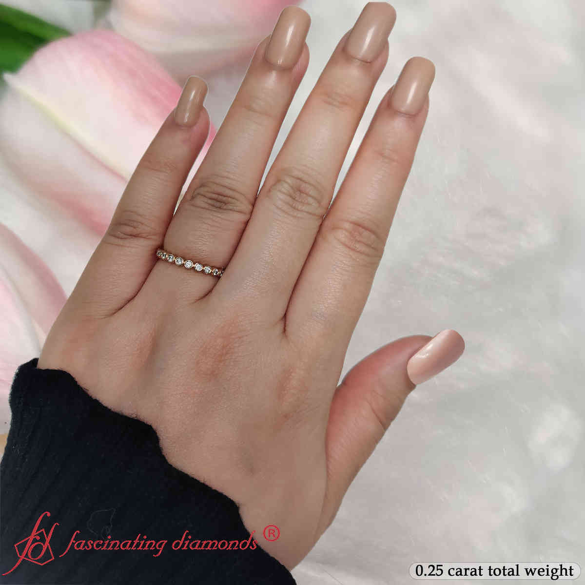 Bezel Set Round Wedding Band with 14K Yellow Gold White Diamond