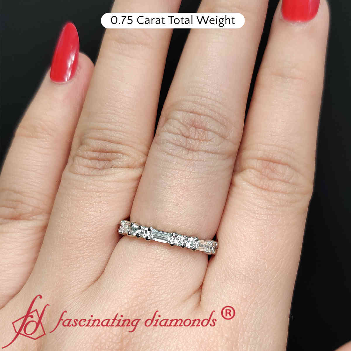 Baguette And Round Thin Stack Band with 18K White Gold White Diamond
