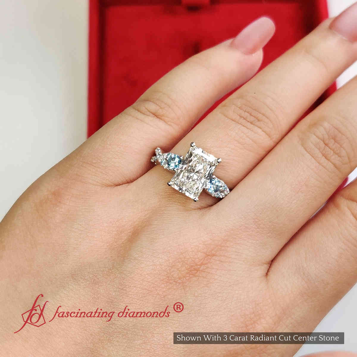 3 Ct. Radiant Cut Lab Diamond Trellis Engagement Ring with 14K White Gold Ice Blue Topaz