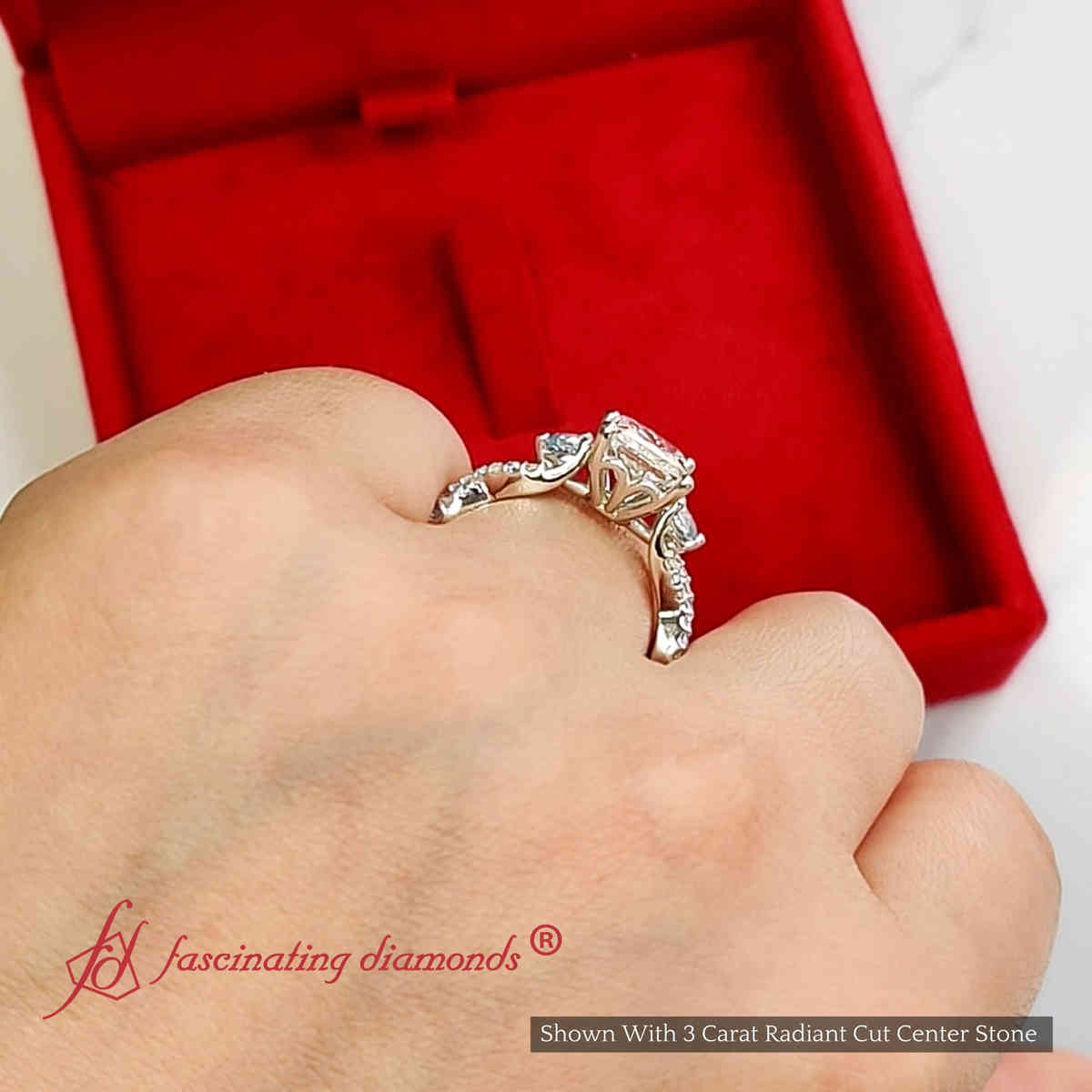 3 Ct. Radiant Cut Lab Diamond Trellis Engagement Ring with 14K White Gold Ice Blue Topaz