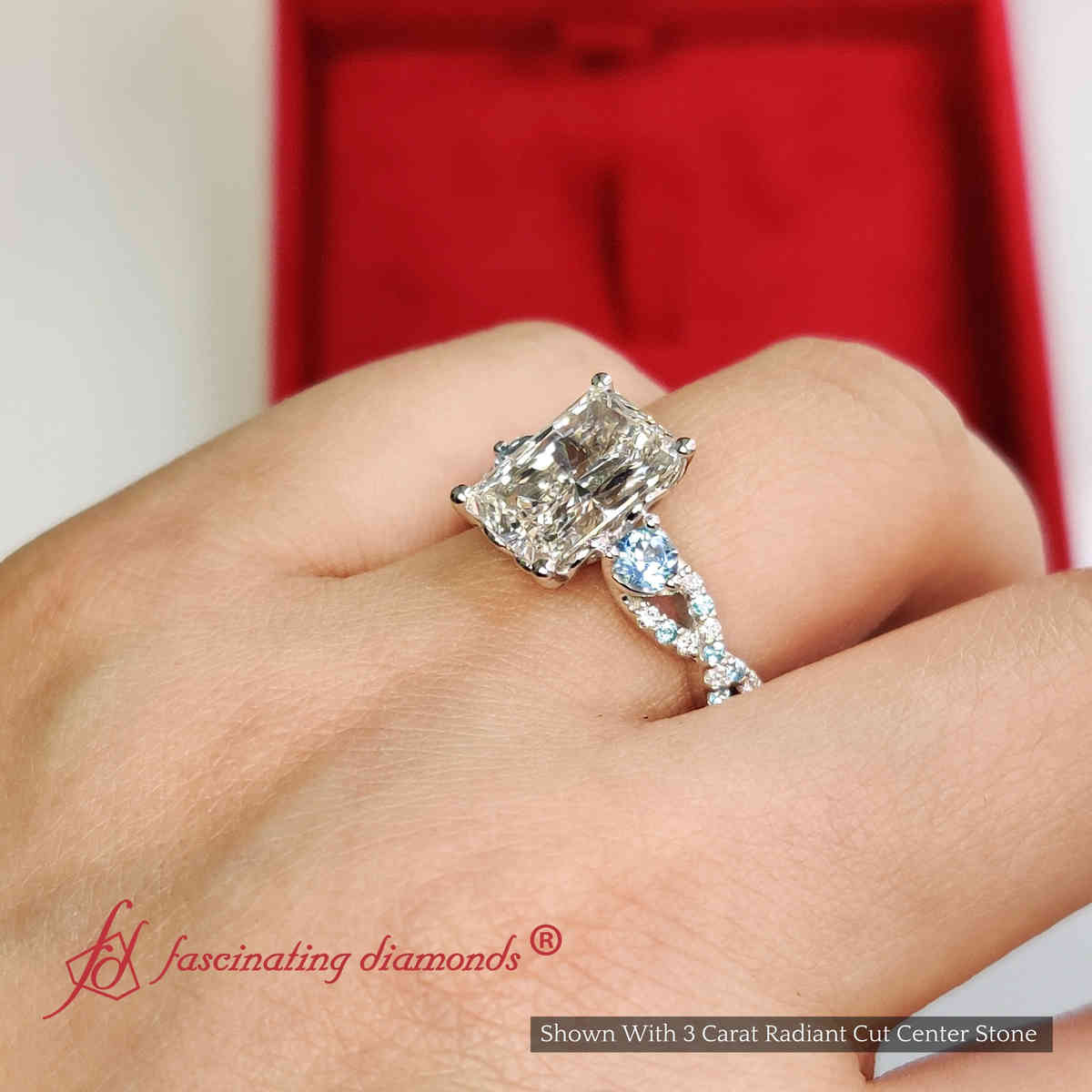 3 Ct. Radiant Cut Lab Diamond Trellis Engagement Ring with 14K White Gold Ice Blue Topaz