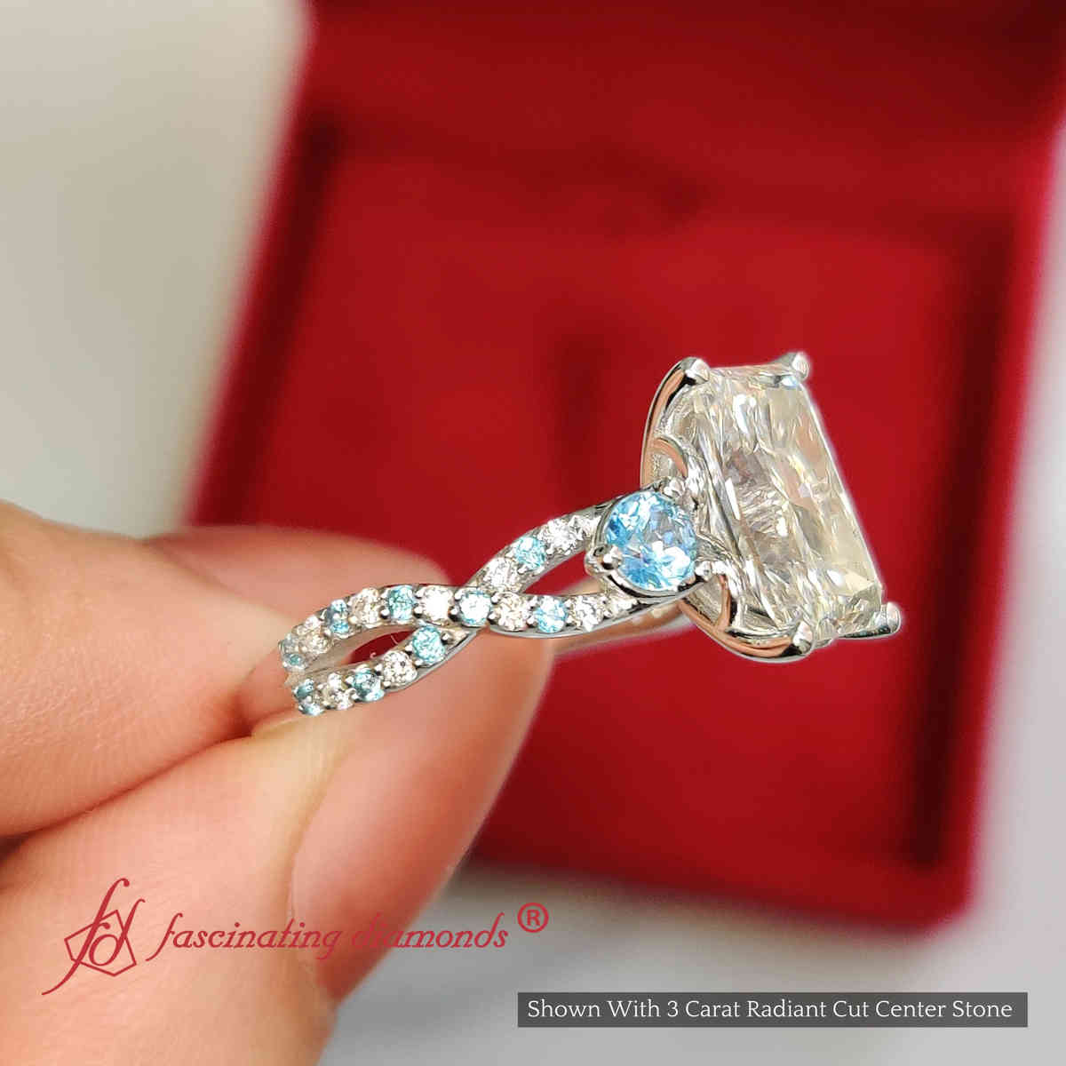 3 Ct. Radiant Cut Lab Diamond Trellis Engagement Ring with 14K White Gold Ice Blue Topaz