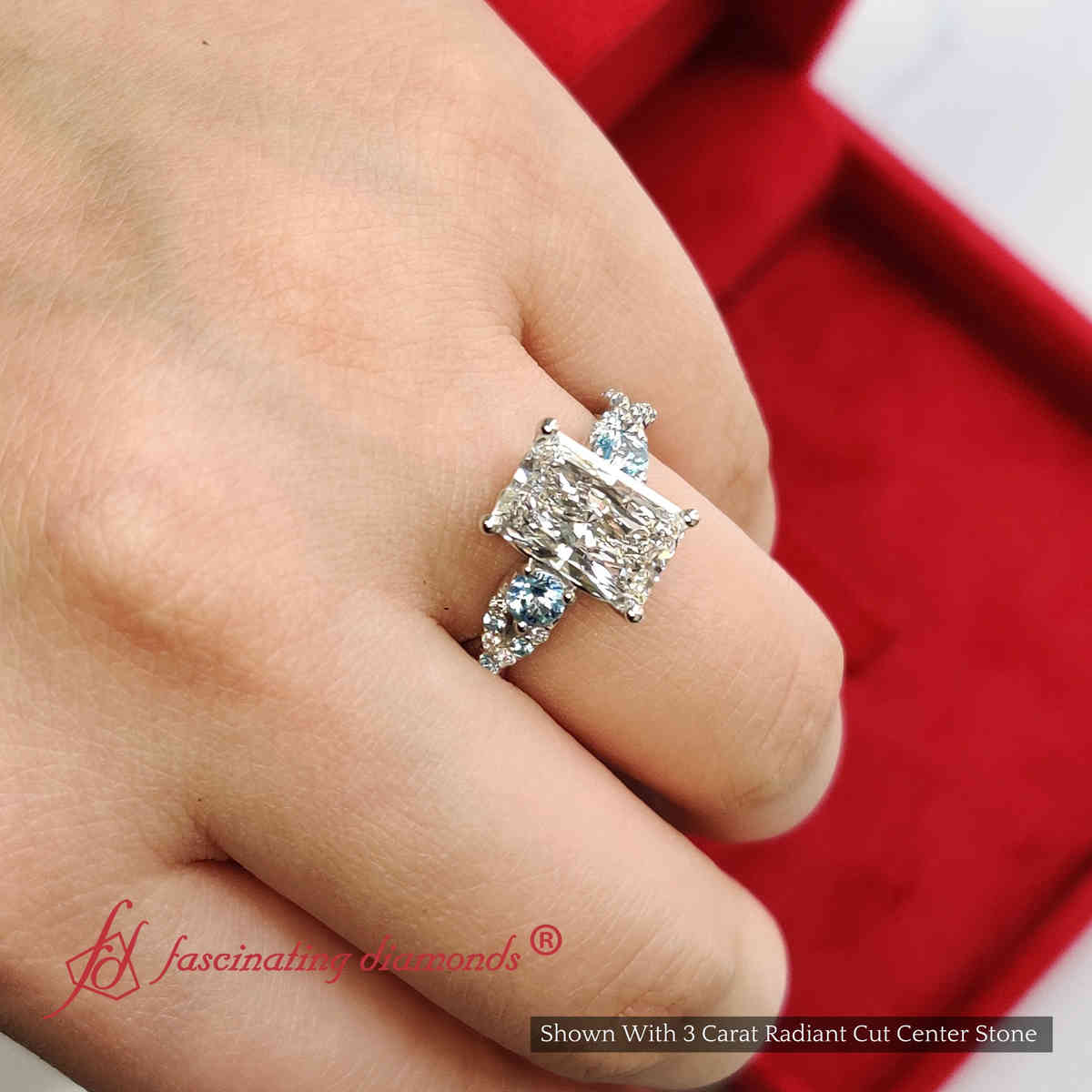 3 Ct. Radiant Cut Lab Diamond Trellis Engagement Ring with 14K White Gold Ice Blue Topaz