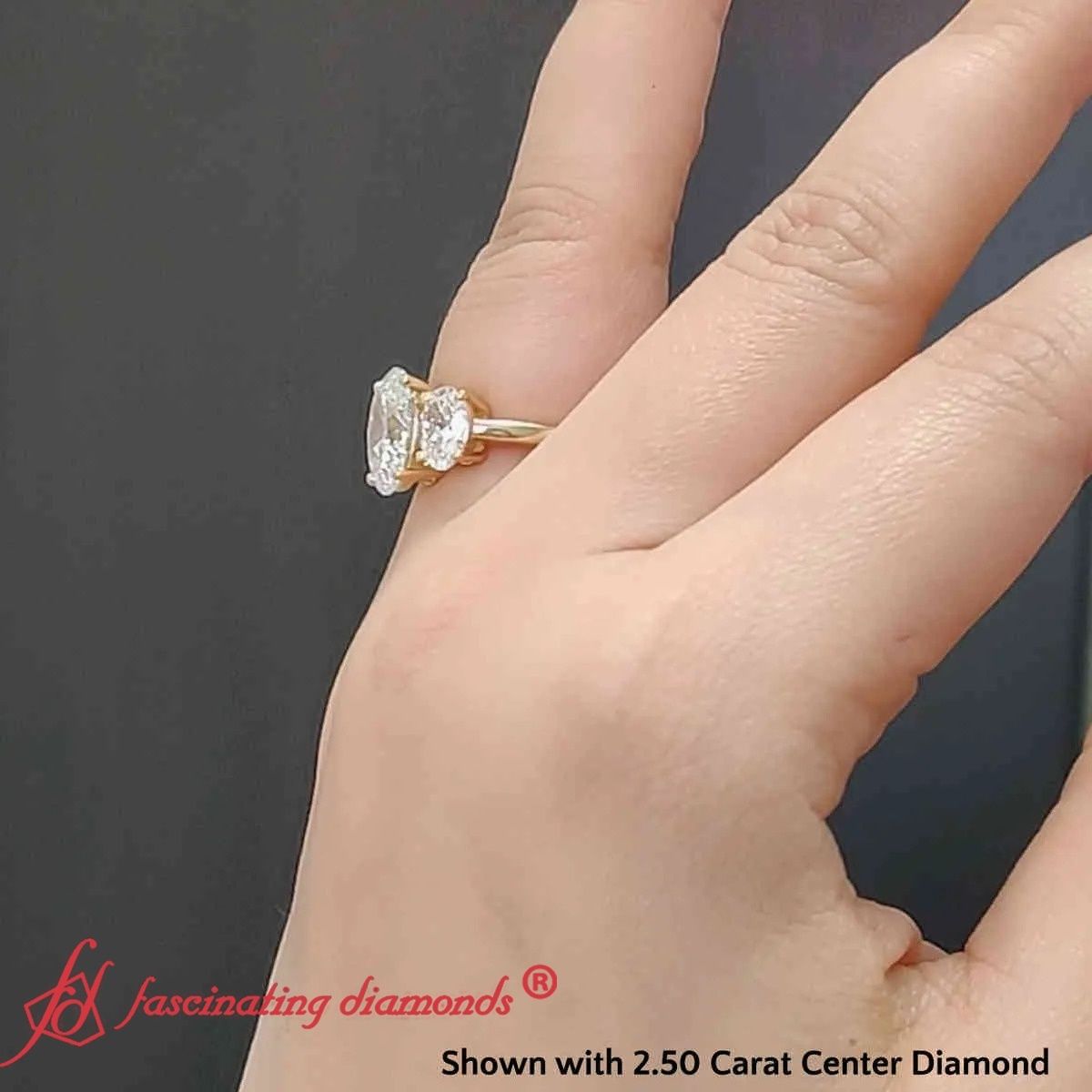 4 Carat Oval Lab Diamond Three Stone Ring with 14K Yellow Gold White Diamond