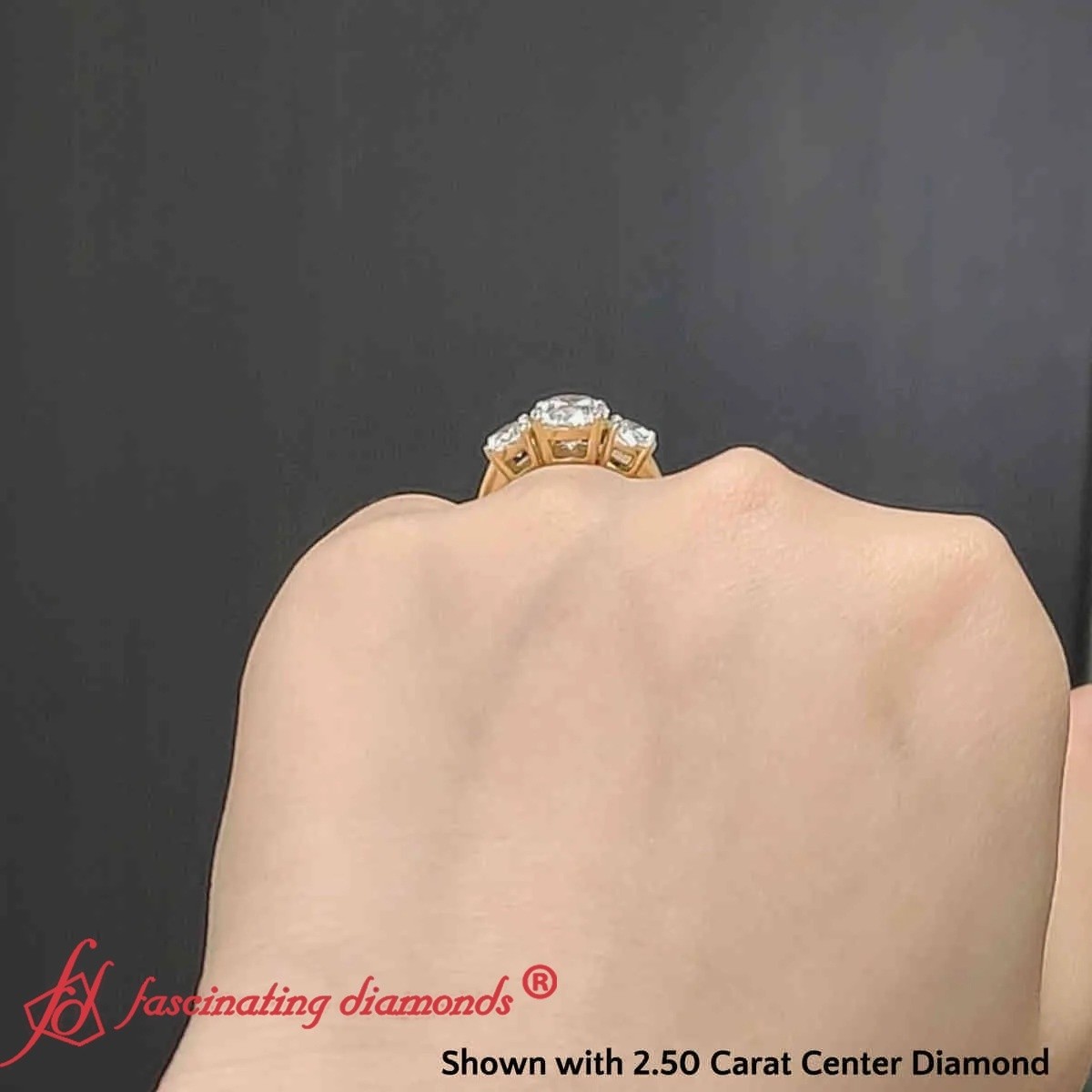 4 Carat Oval Lab Diamond Three Stone Ring with 14K Yellow Gold White Diamond