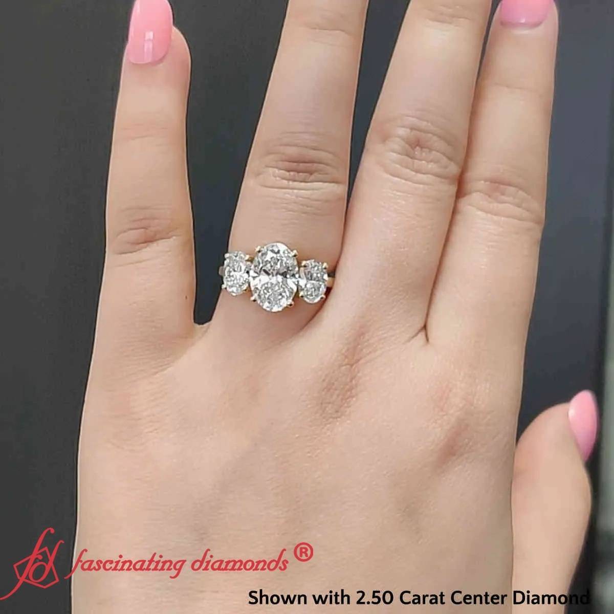4 Carat Oval Lab Diamond Three Stone Ring with 14K Yellow Gold White Diamond