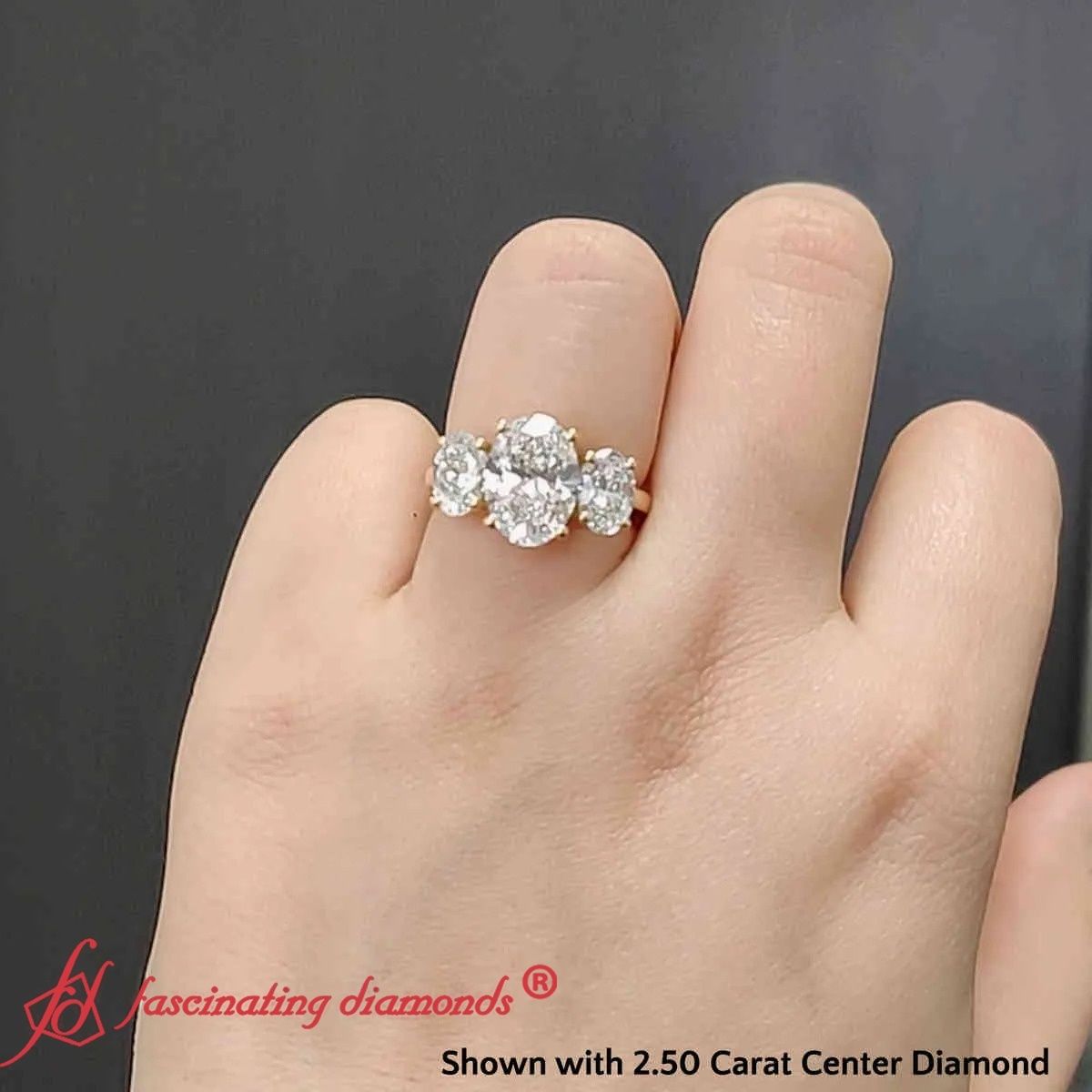 4 Carat Oval Lab Diamond Three Stone Ring with 14K Yellow Gold White Diamond