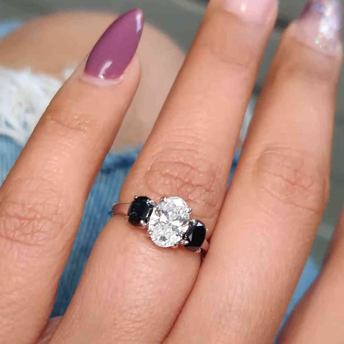 Oval Shaped Oval 3 Stone Basket Ring with Black Diamond in 14K White Gold