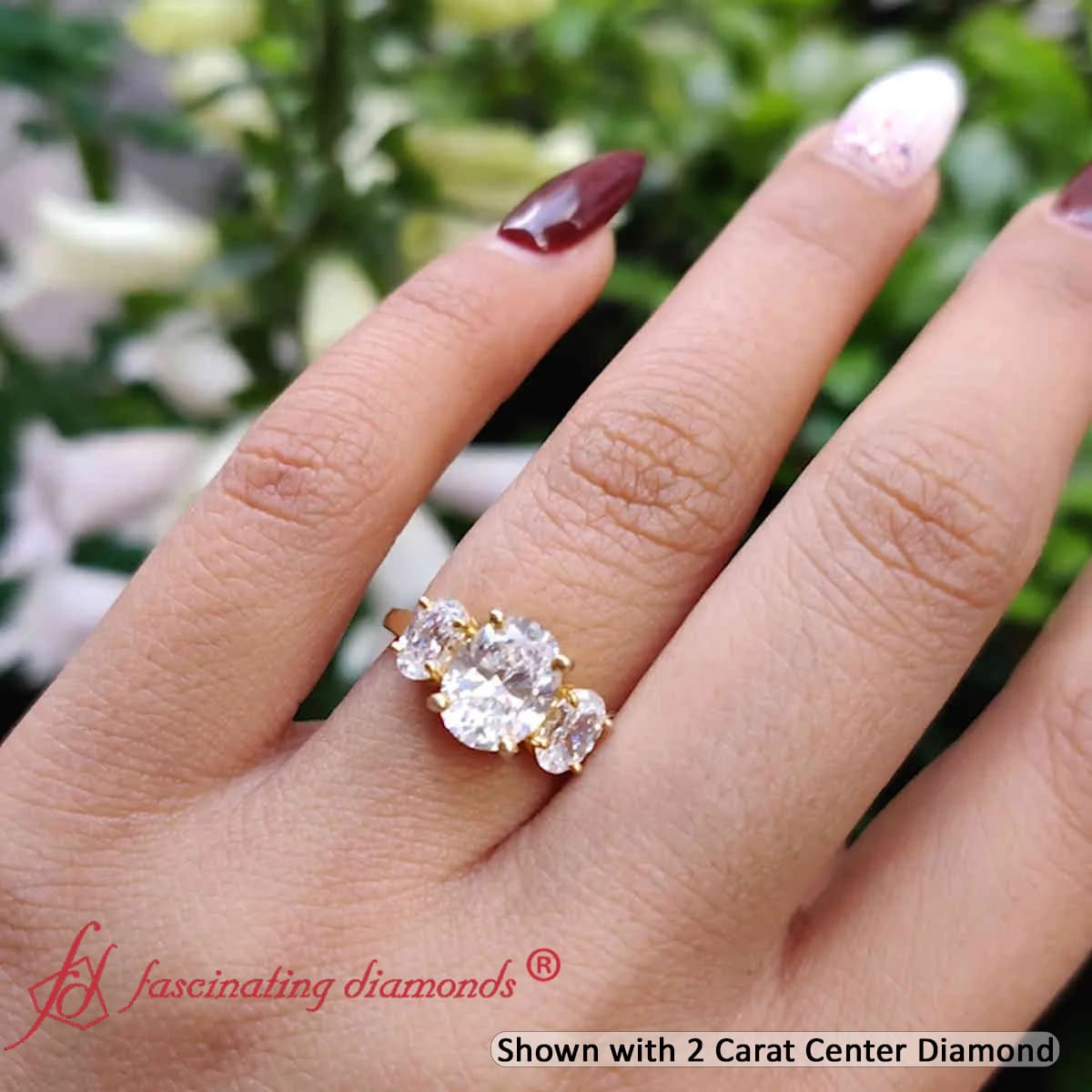 Oval Lab Diamond Three Stone Engagement Ring with 14K Yellow Gold White Diamond
