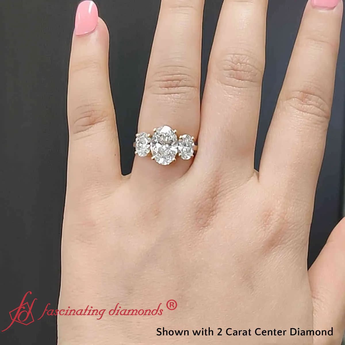 Oval Lab Diamond Three Stone Engagement Ring with 14K Yellow Gold White Diamond