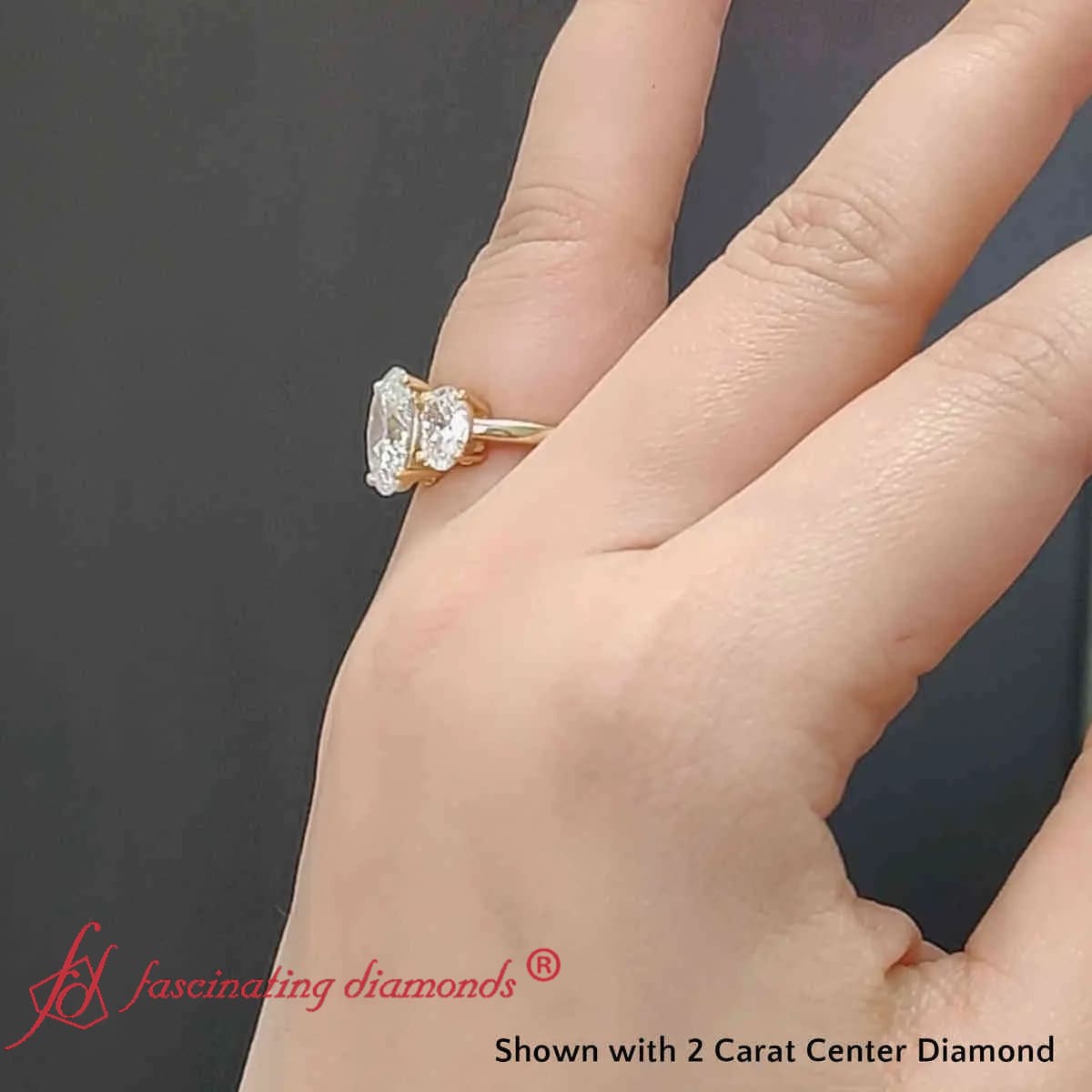 Oval Lab Diamond Three Stone Engagement Ring with 14K Yellow Gold White Diamond