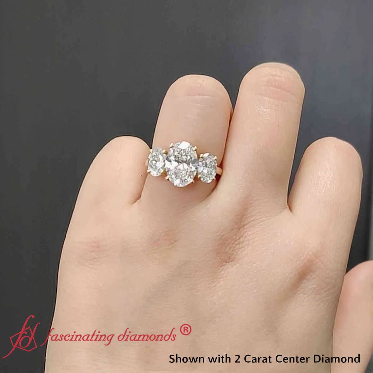 Oval Lab Diamond Three Stone Engagement Ring with 14K Yellow Gold White Diamond