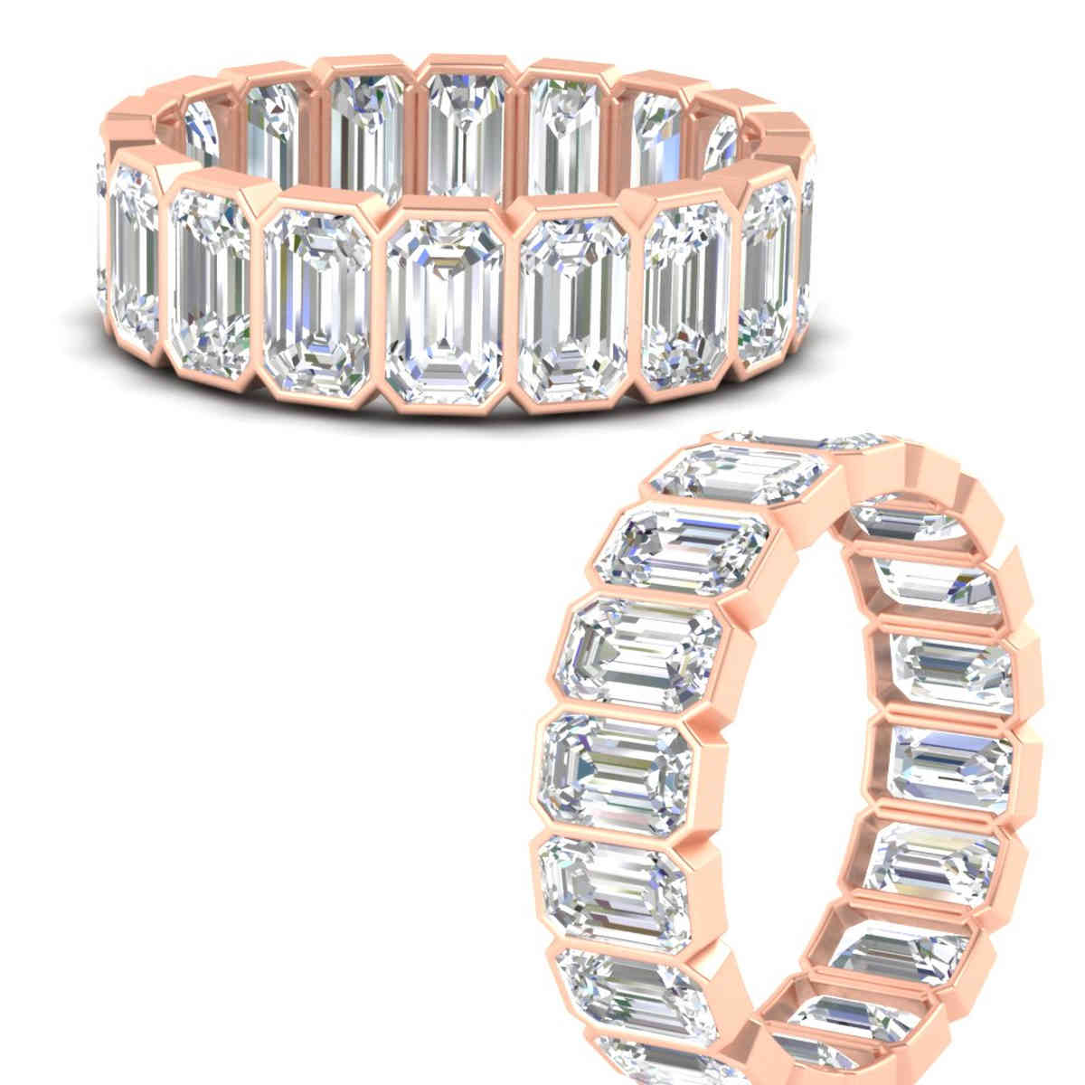 Emerald Cut Bezel 6 Carat Diamond Wedding Band with 14K Rose Gold White Diamond