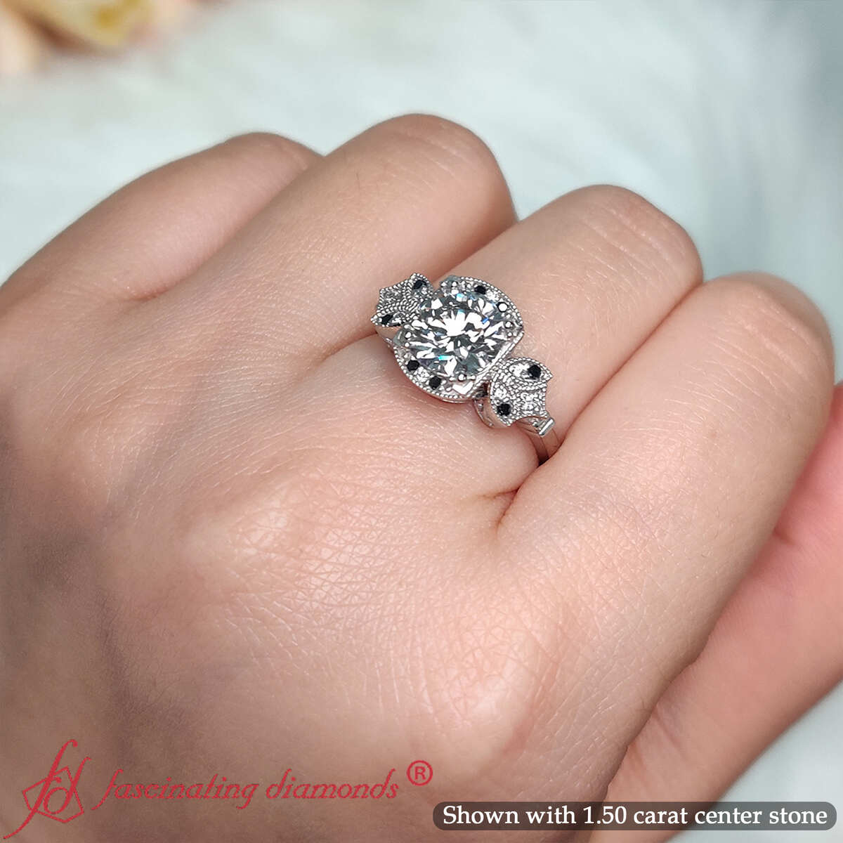 Round Shaped Art Deco Vintage Diamond Ring with Black Diamond in 950 Platinum