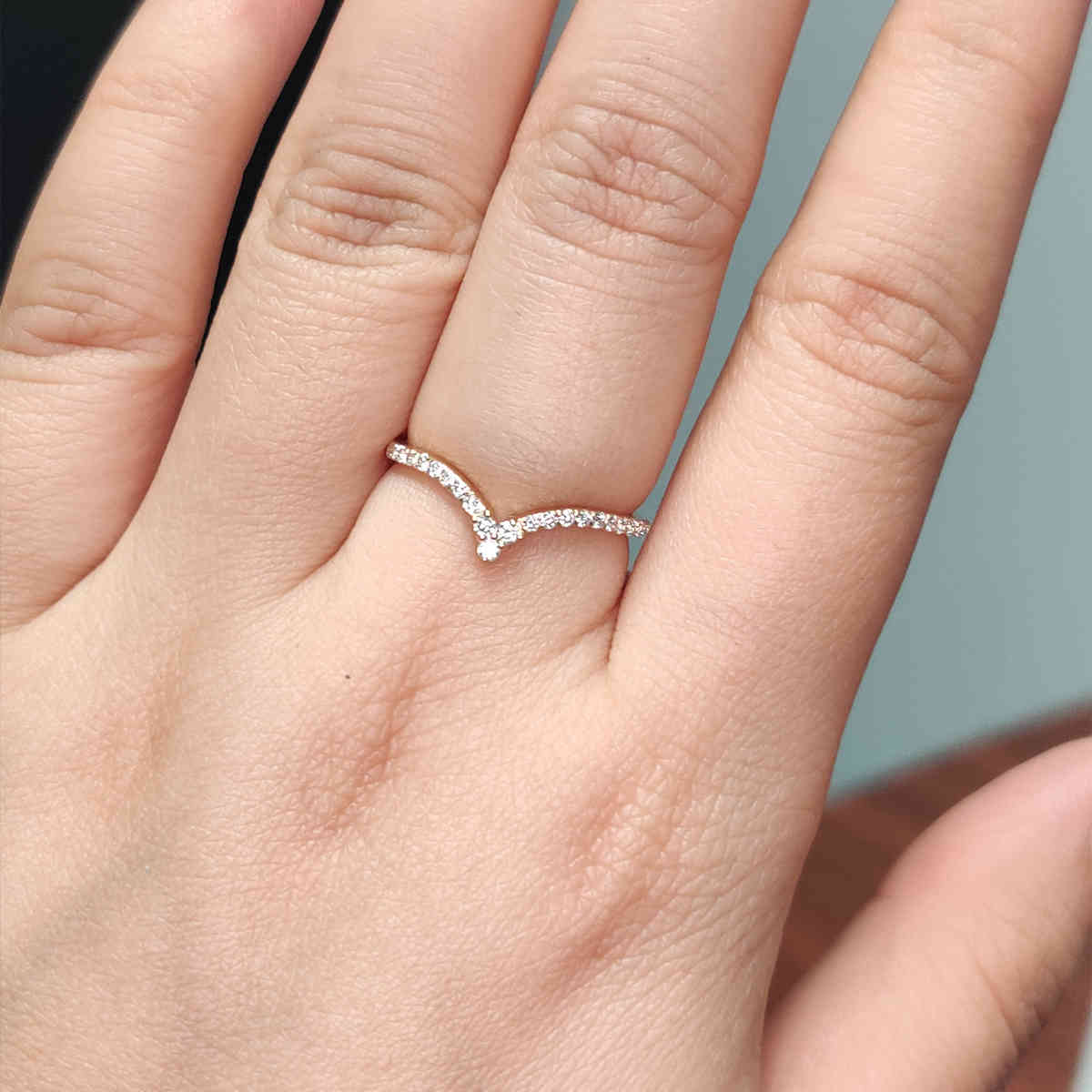 Simple French Pave V Shaped Band with 14K Yellow Gold White Diamond