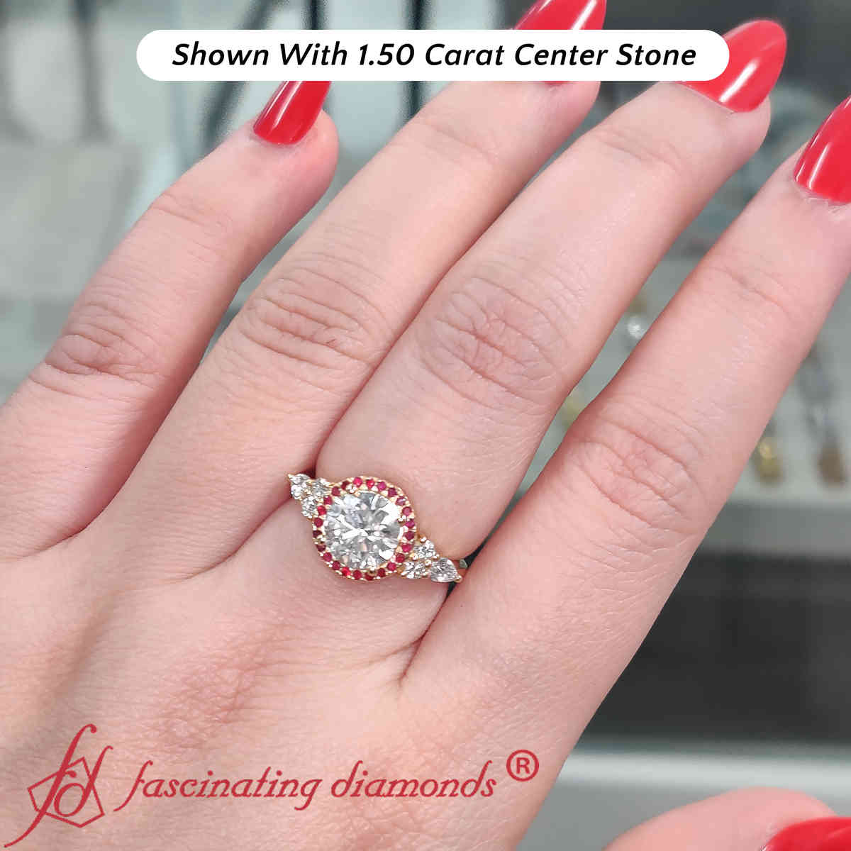 2 Carat Round Cut Lab Diamond Halo Cluster Ring with 14K Yellow Gold Red Ruby