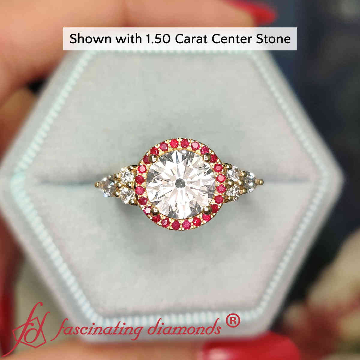 2 Carat Round Cut Lab Diamond Halo Cluster Ring with 14K Yellow Gold Red Ruby