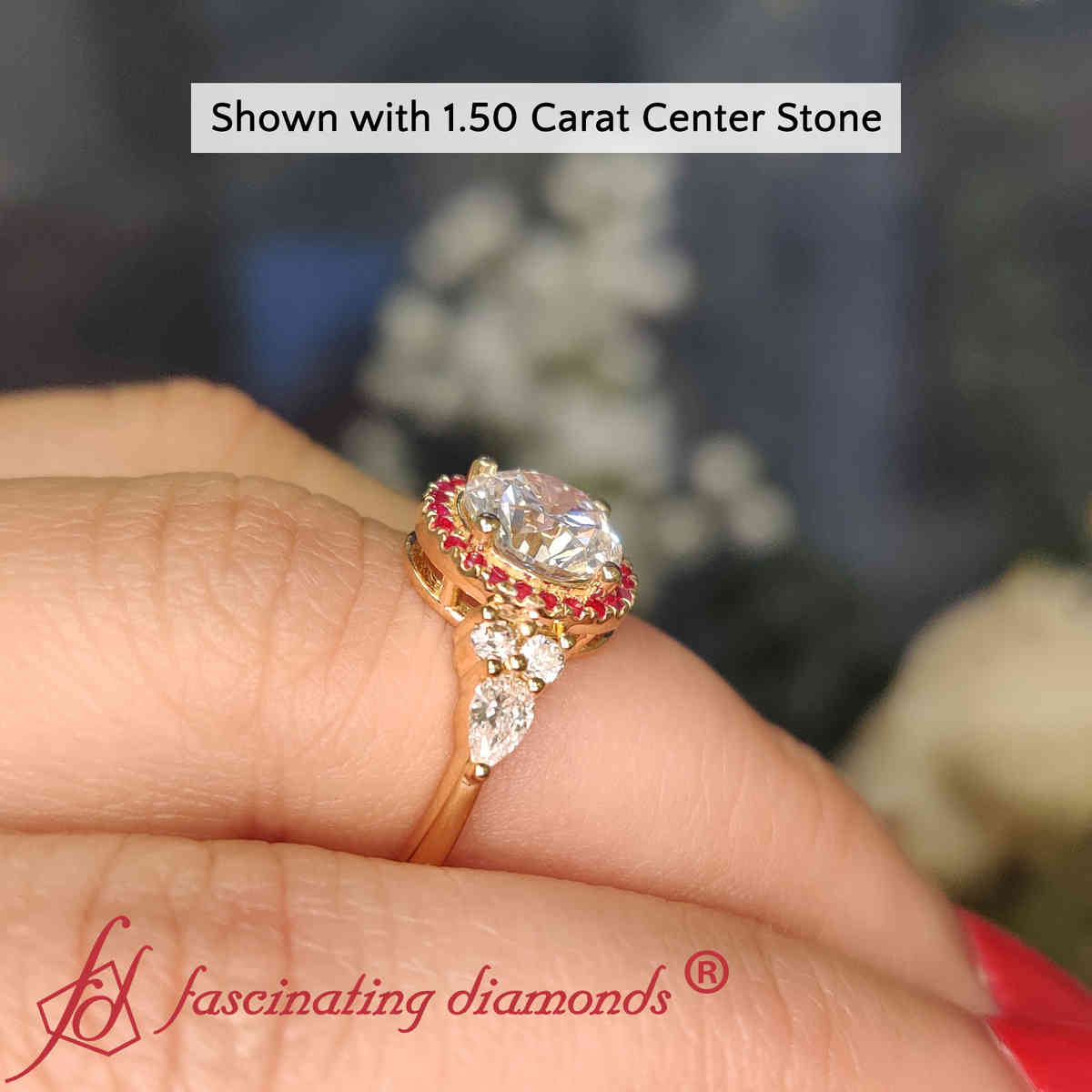 2 Carat Round Cut Lab Diamond Halo Cluster Ring with 14K Yellow Gold Red Ruby