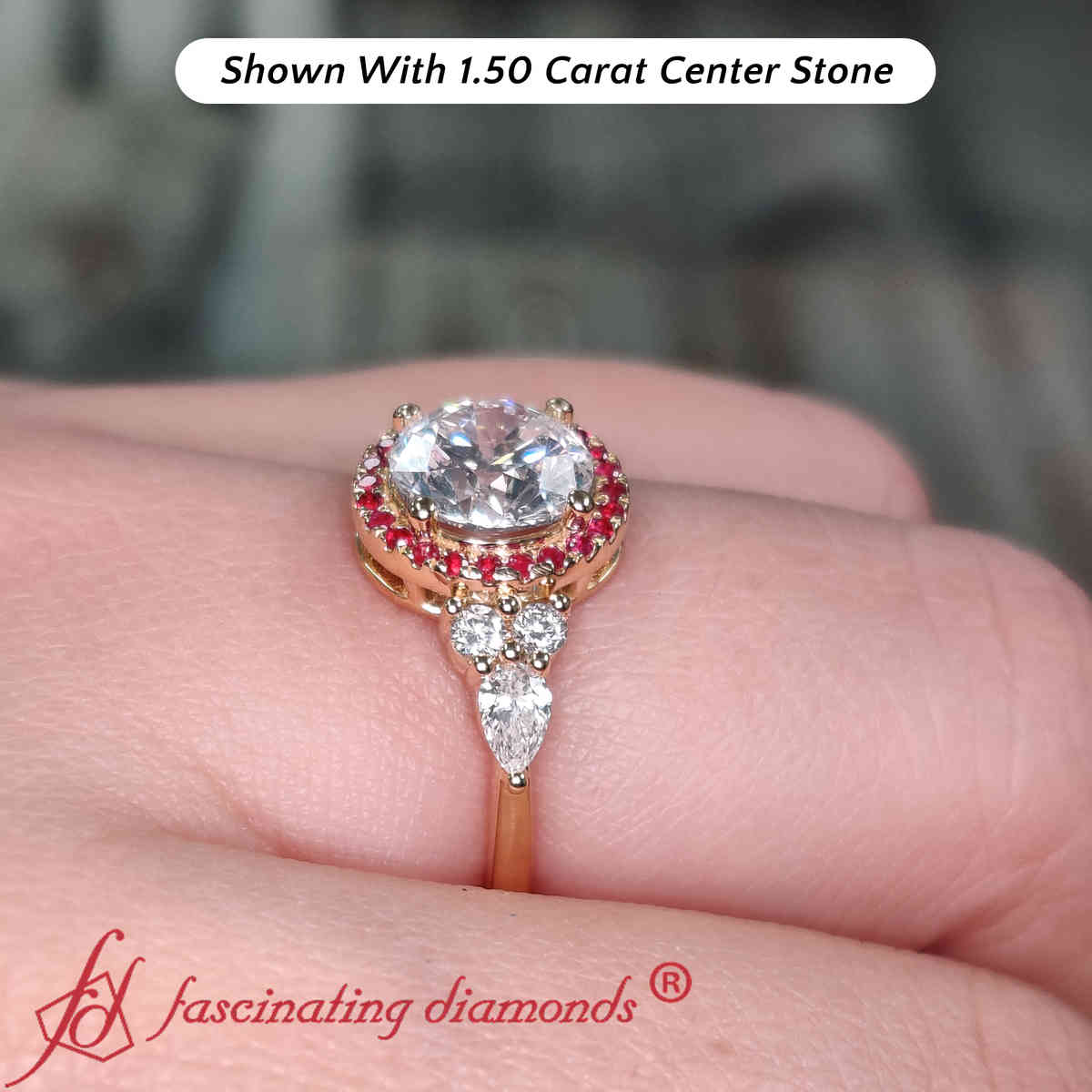 2 Carat Round Cut Lab Diamond Halo Cluster Ring with 14K Yellow Gold Red Ruby