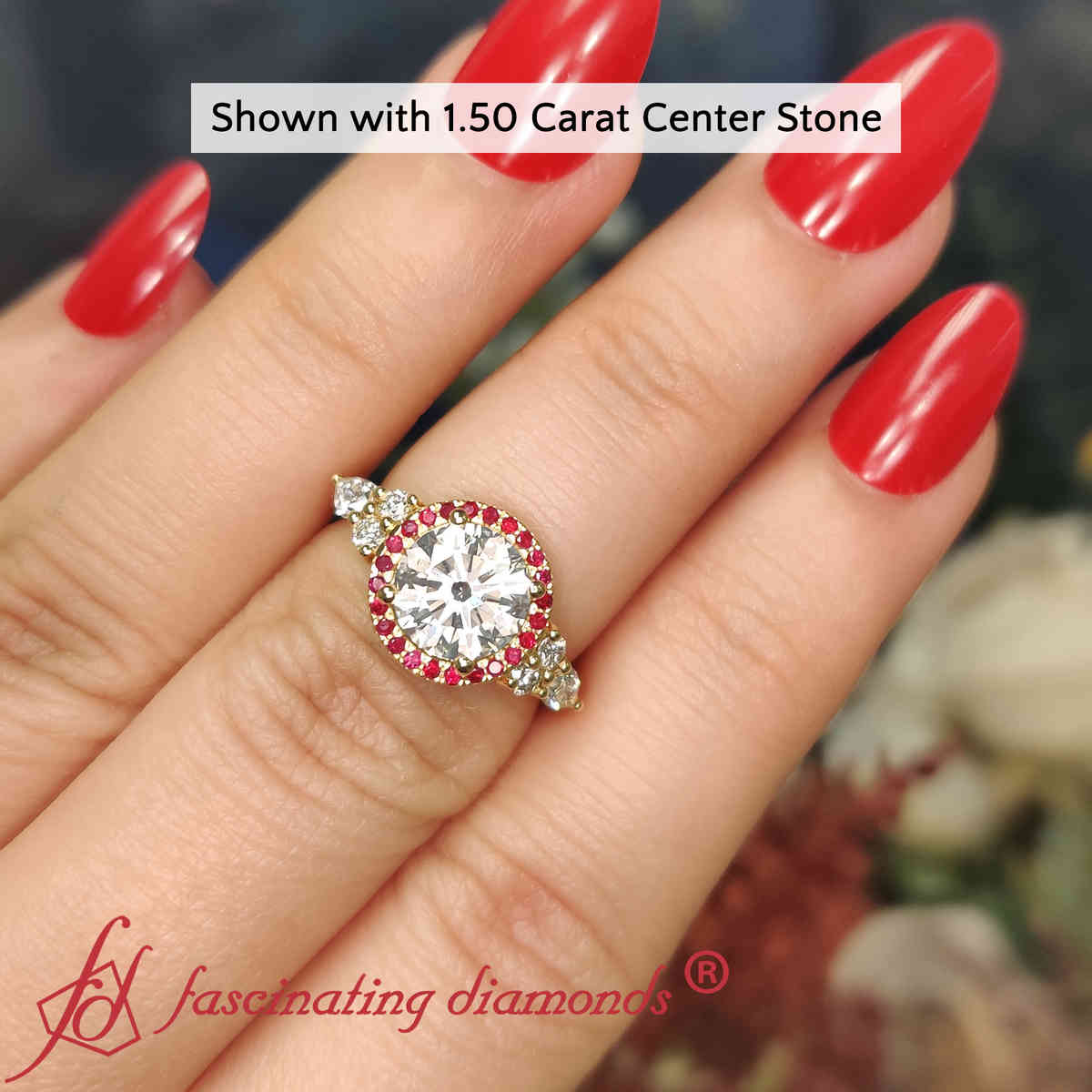 2 Carat Round Cut Lab Diamond Halo Cluster Ring with 14K Yellow Gold Red Ruby