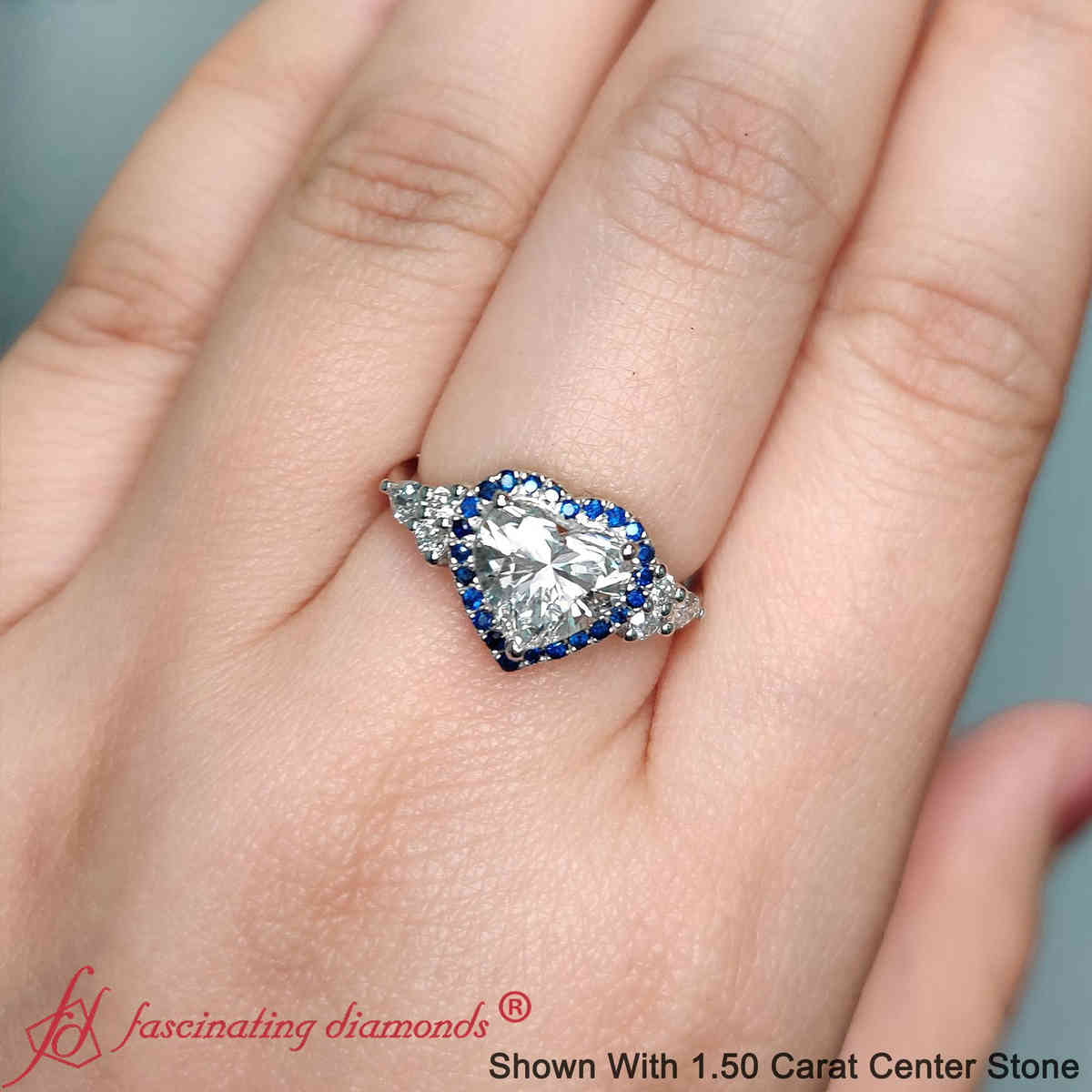 Heart Shaped Lab Diamond Halo Cluster Engagement Ring with 18K White Gold Blue Sapphire