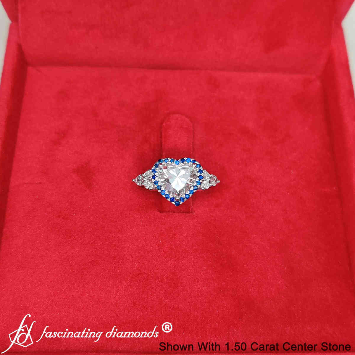 Heart Shaped Lab Diamond Halo Cluster Engagement Ring with 18K White Gold Blue Sapphire