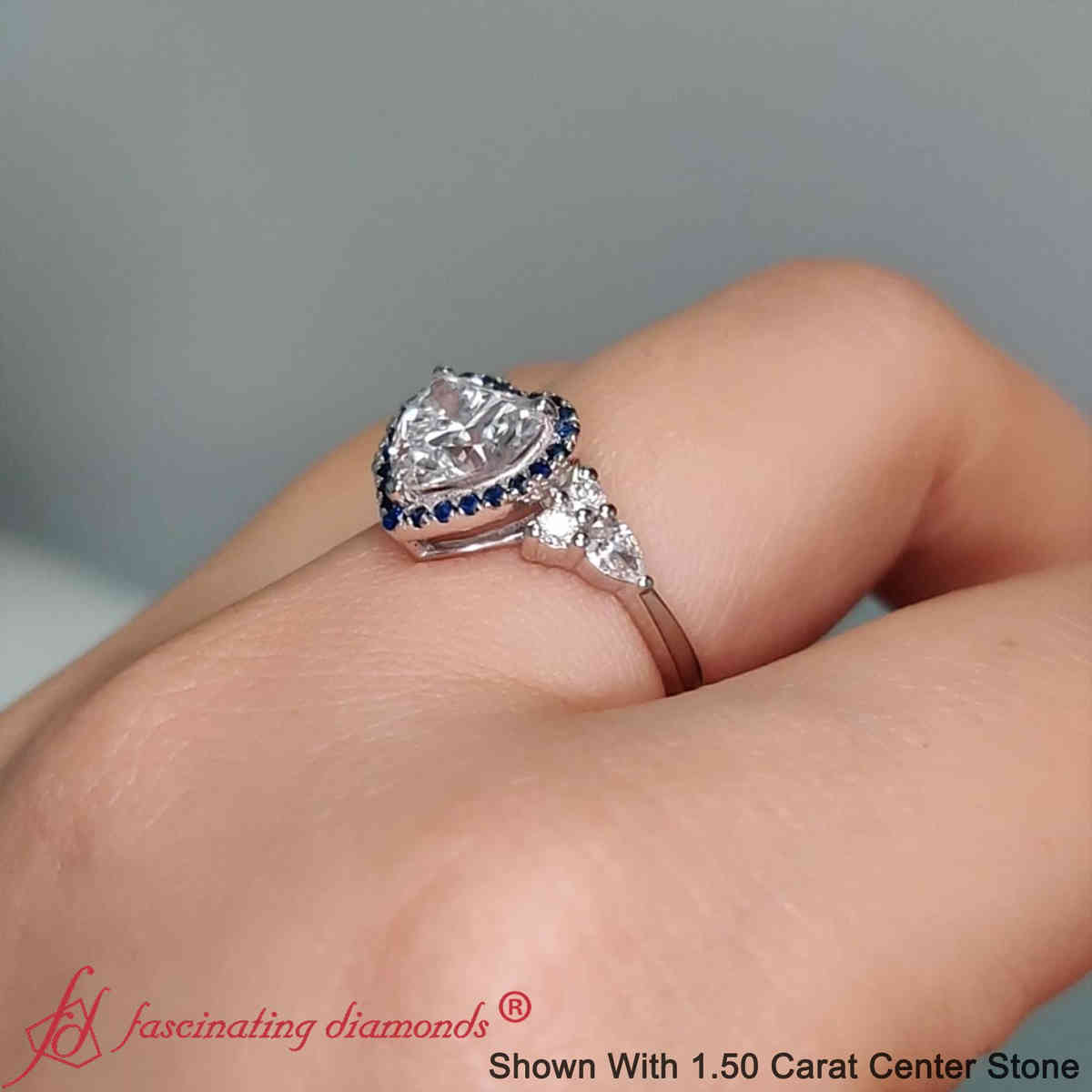 Heart Shaped Lab Diamond Halo Cluster Engagement Ring with 18K White Gold Blue Sapphire