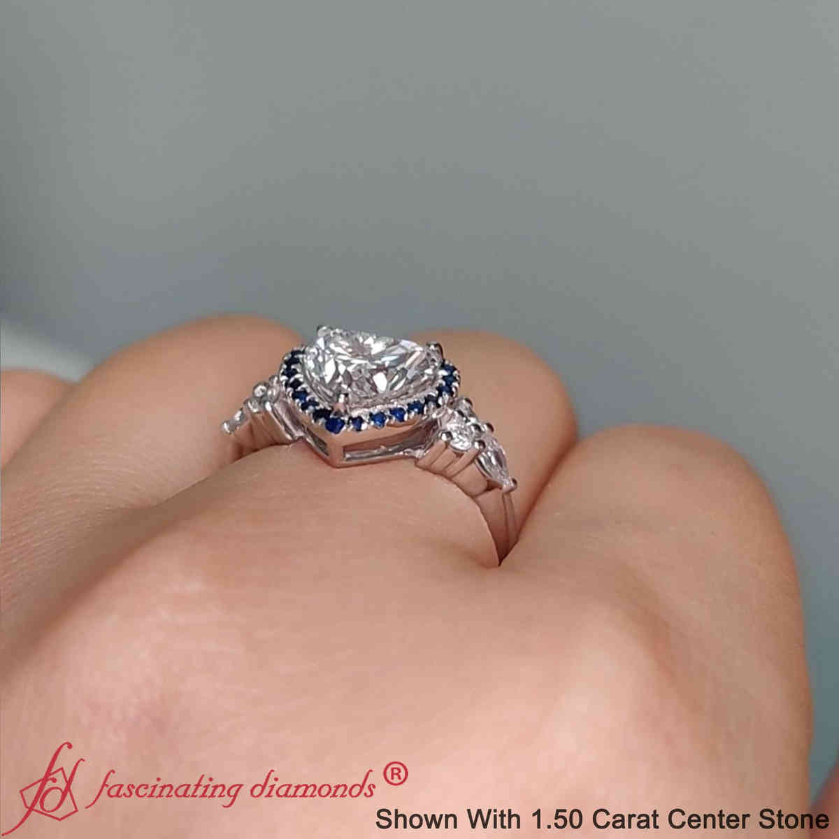 Heart Shaped Lab Diamond Halo Cluster Engagement Ring with 18K White Gold Blue Sapphire