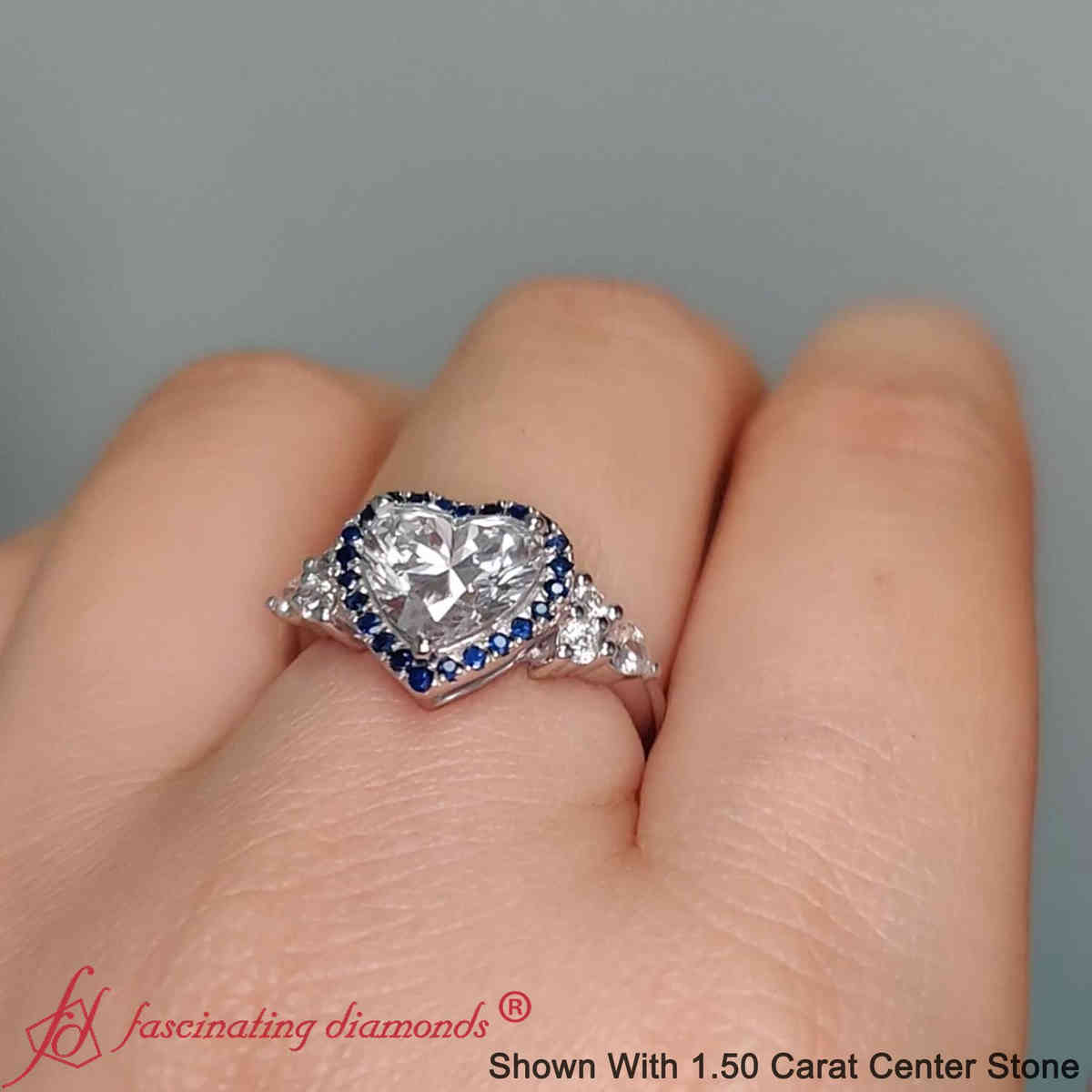 Heart Shaped Lab Diamond Halo Cluster Engagement Ring with 18K White Gold Blue Sapphire