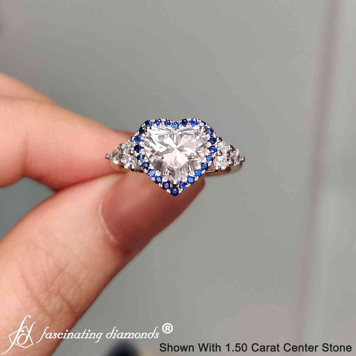 Heart Shaped Lab Diamond Halo Cluster Engagement Ring with 18K White Gold Blue Sapphire