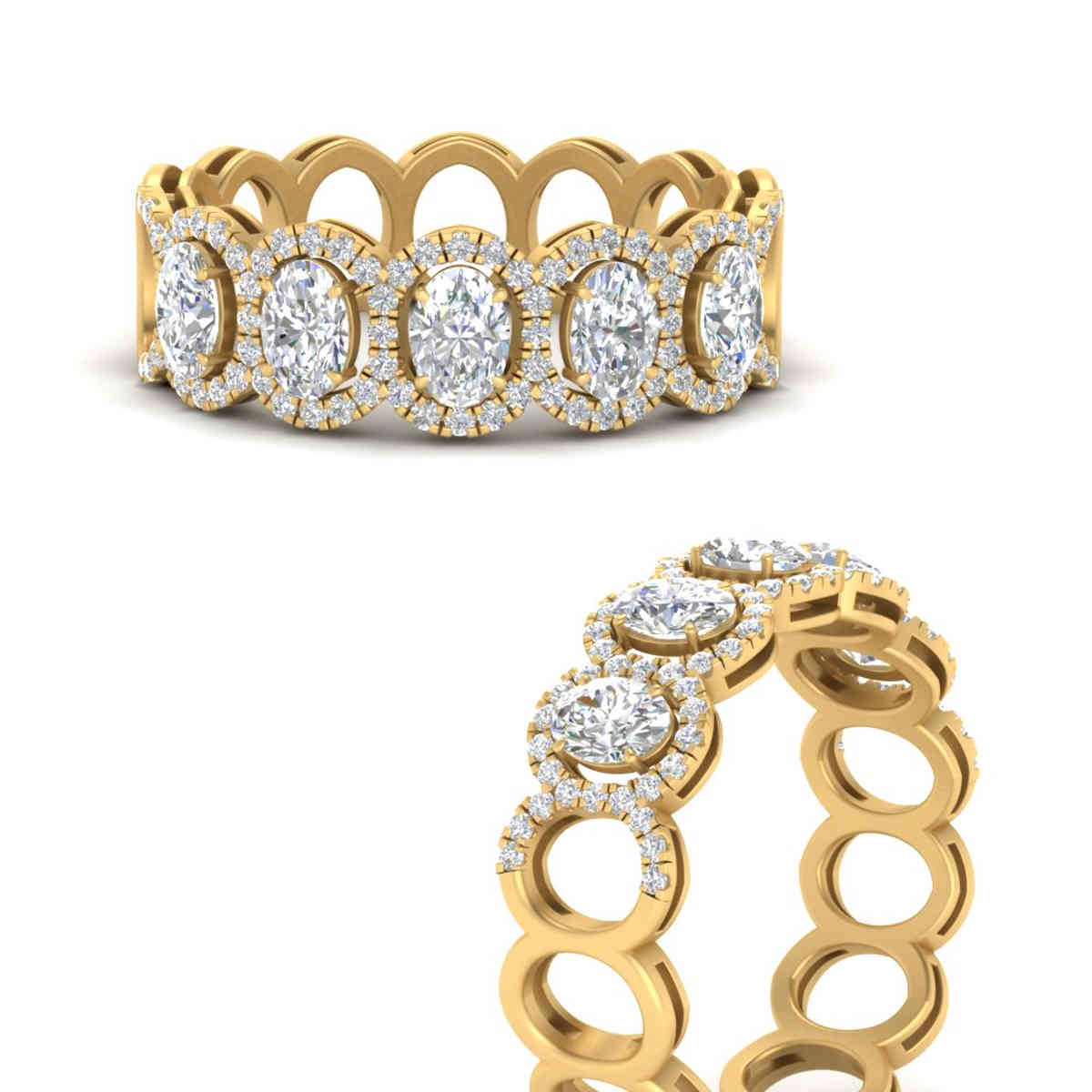5 Stone Oval Diamond Halo Half Eternity Band with 14K Yellow Gold White Diamond