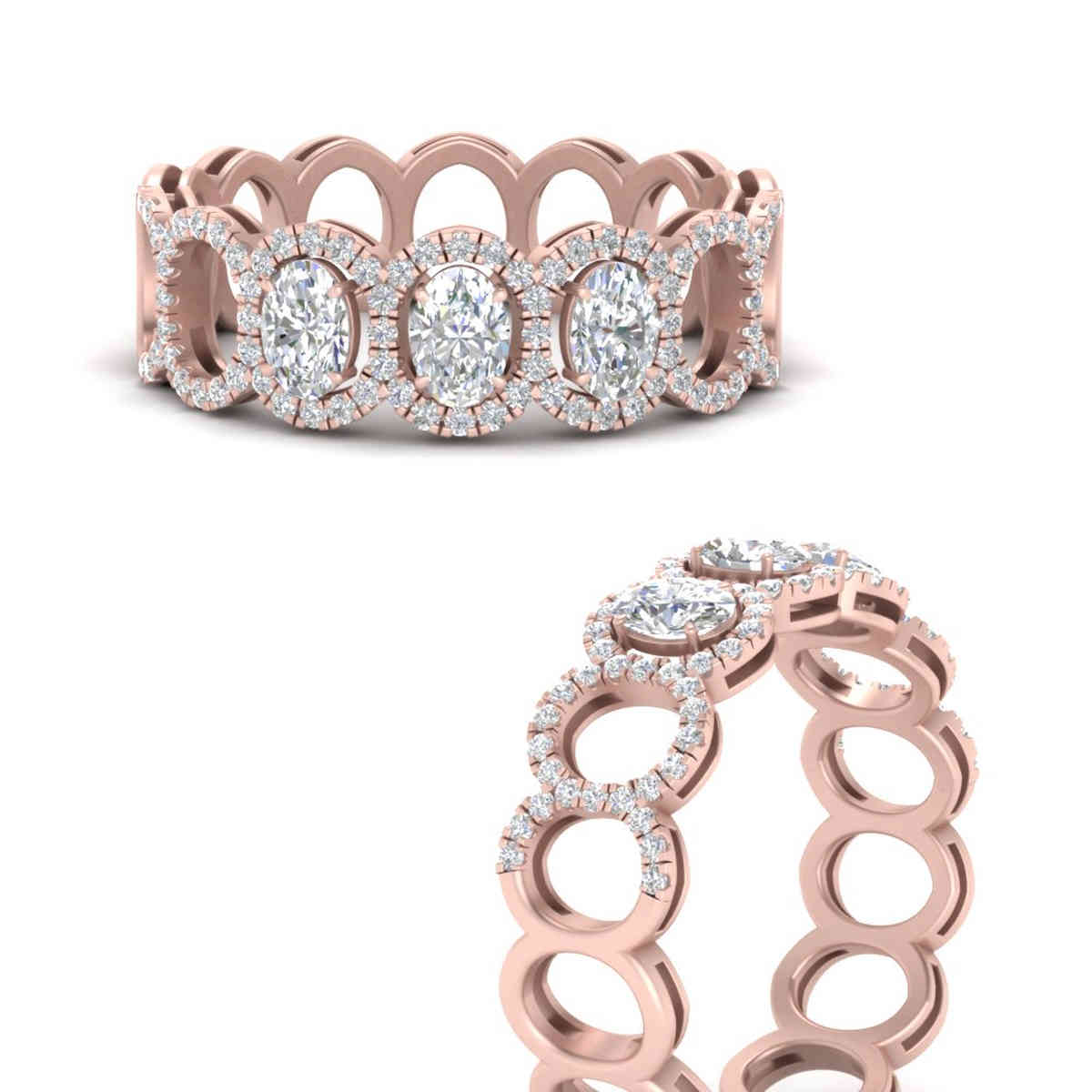 Beautiful Halo Half Eternity Wedding Ring with 14K Rose Gold White Diamond