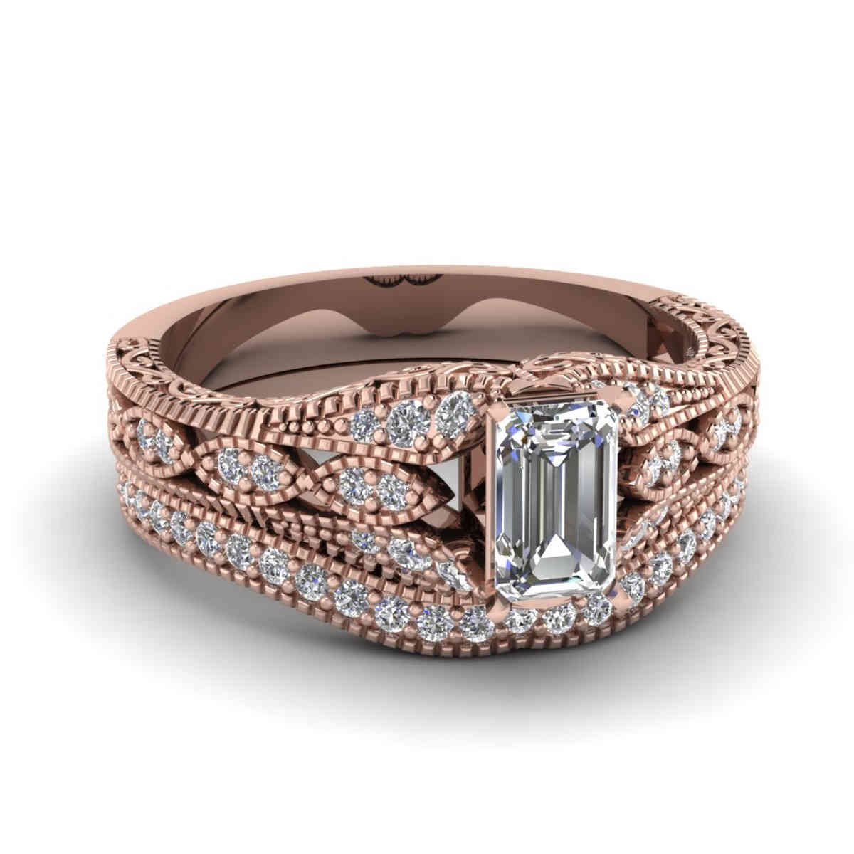 Emerald Shaped Antique Filigree Diamond Bridal Set with White Diamond in 14K Rose Gold