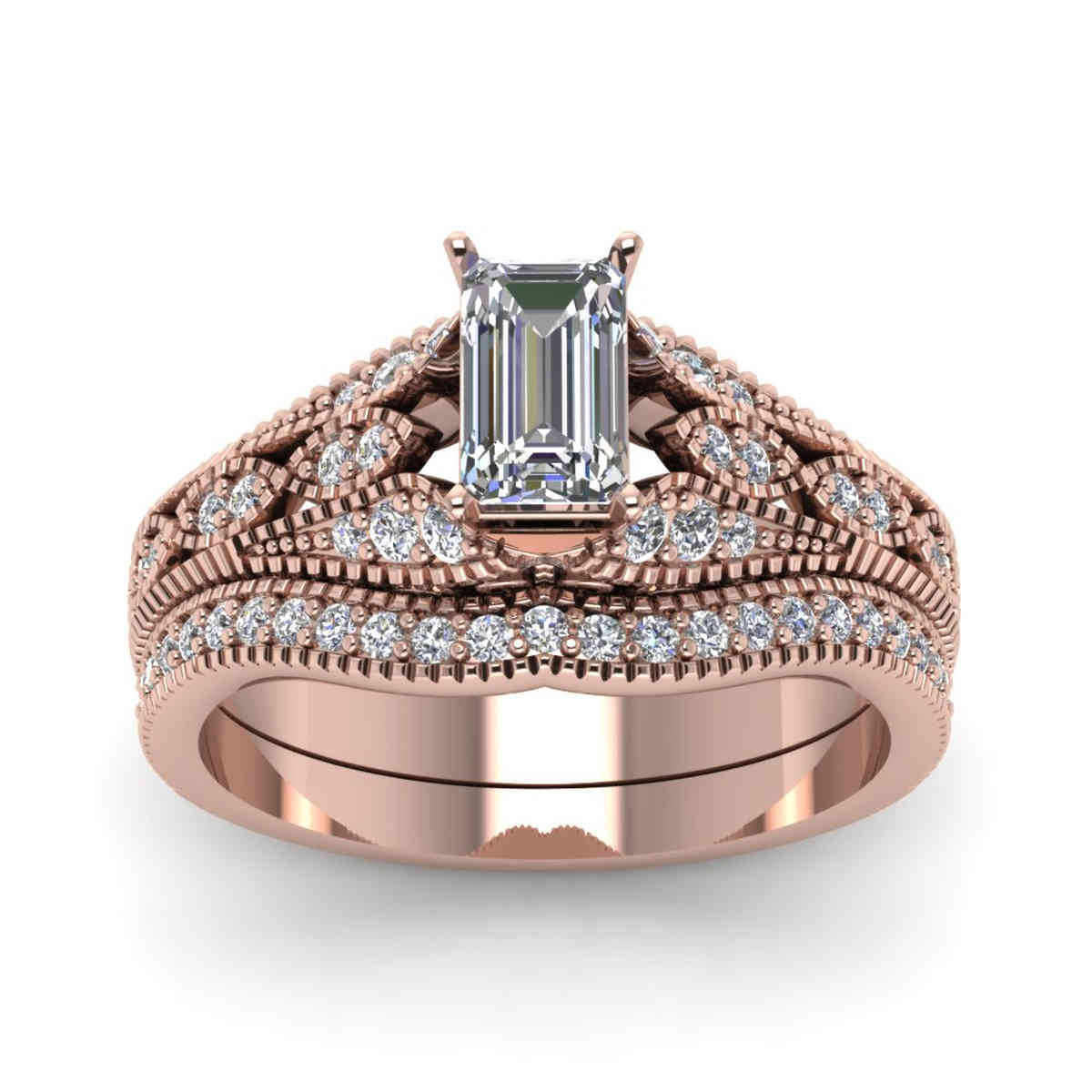 Emerald Shaped Antique Filigree Diamond Bridal Set with White Diamond in 14K Rose Gold