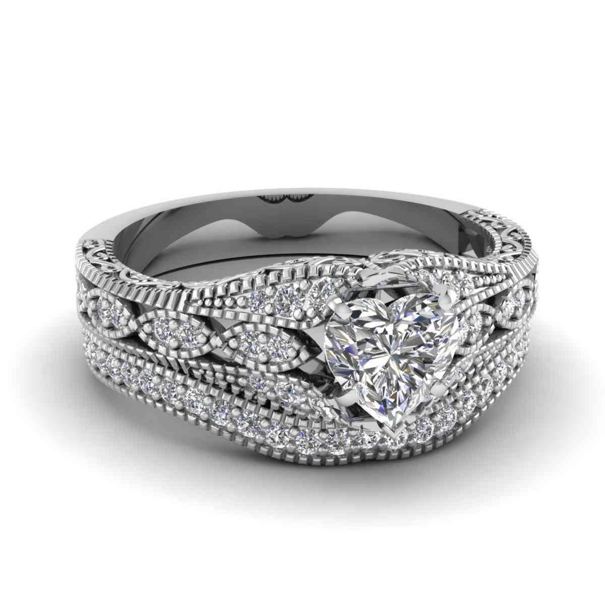 Vintage Style 1 Ct. Heart Diamond Wide Band Ring with 14K White Gold White Diamond