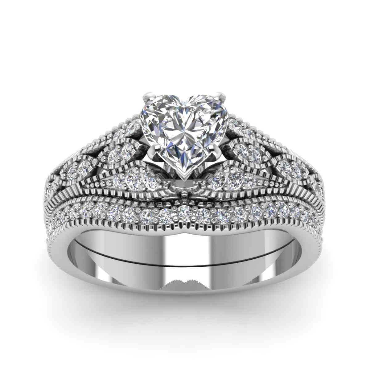 Vintage Style 1 Ct. Heart Diamond Wide Band Ring with 14K White Gold White Diamond