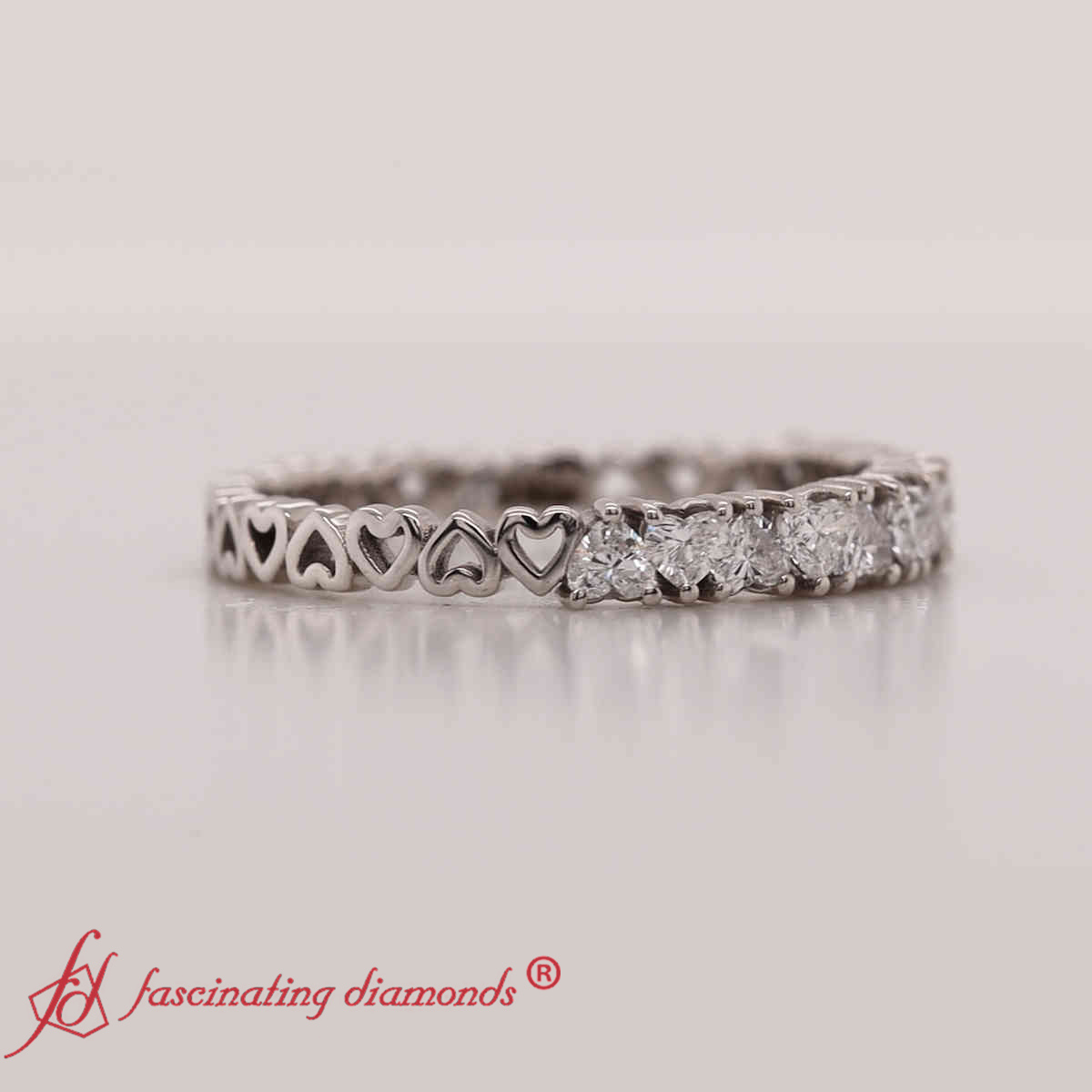 Heart Half Eternity Diamond Anniversary Ring with 14K White Gold White Diamond