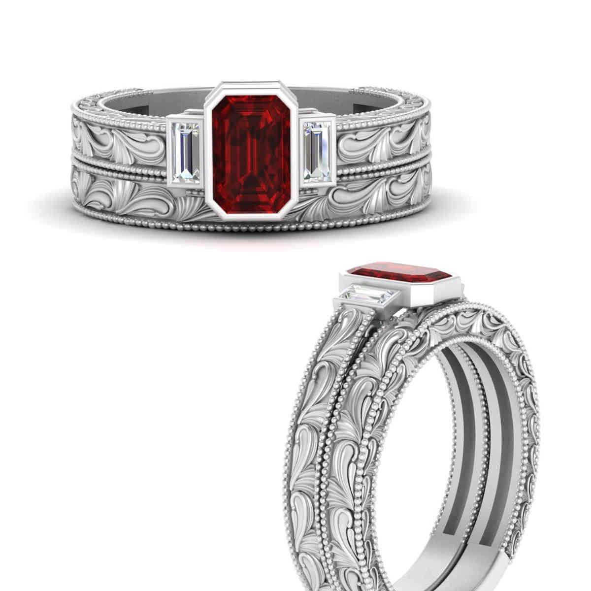 Bezel Emerald Gemstone Bridal Ring Set with 14K White Gold Red Ruby