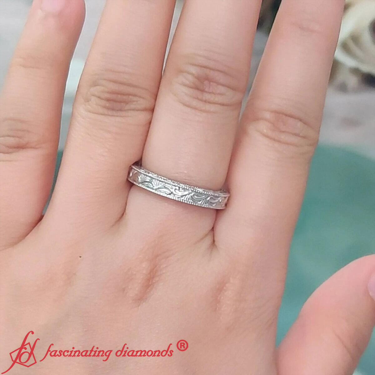 Hand Engraved Custom Wedding Band with 950 Platinum undefined