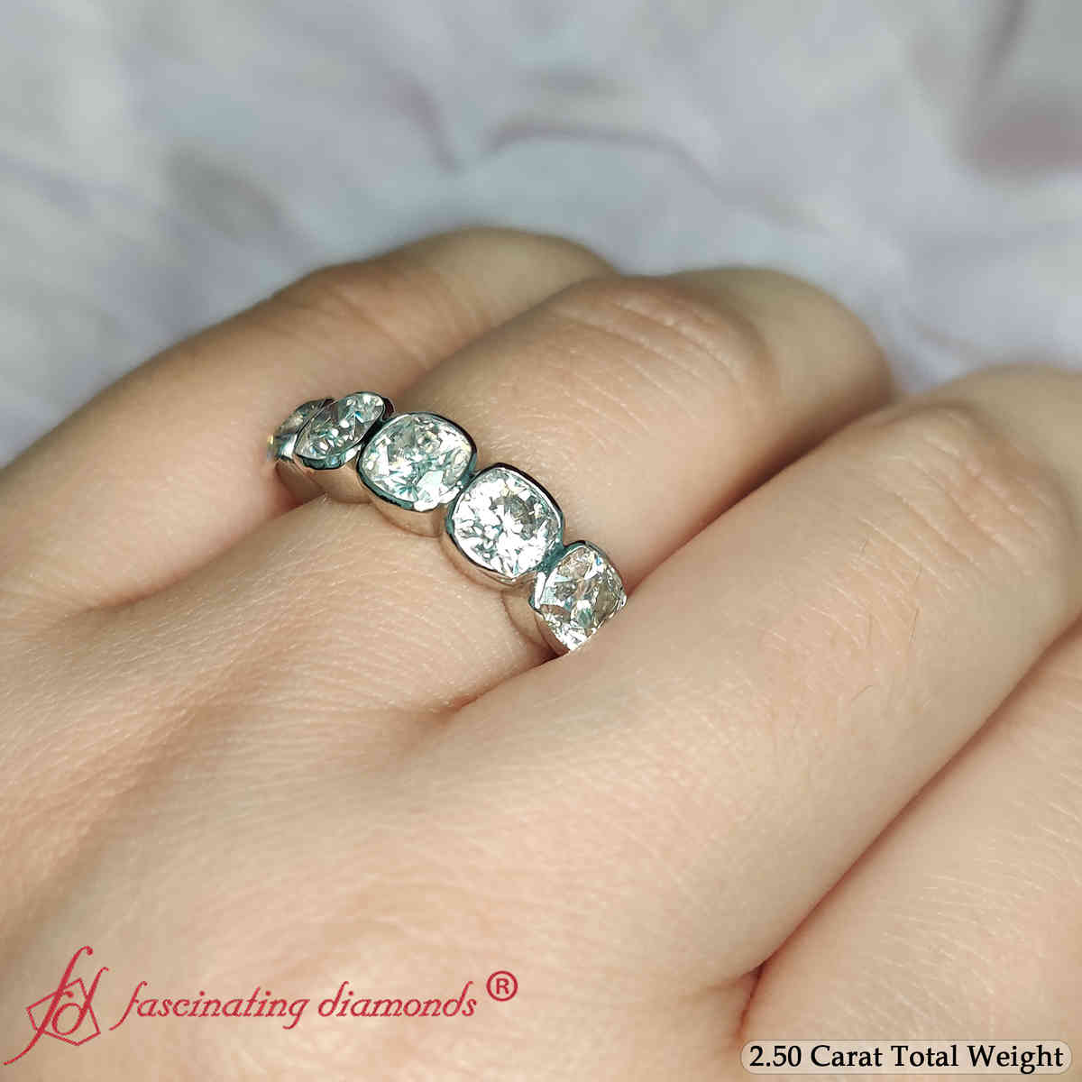 2.50 Ct. Cushion Diamond 5 Stone Ring with 14K White Gold White Diamond