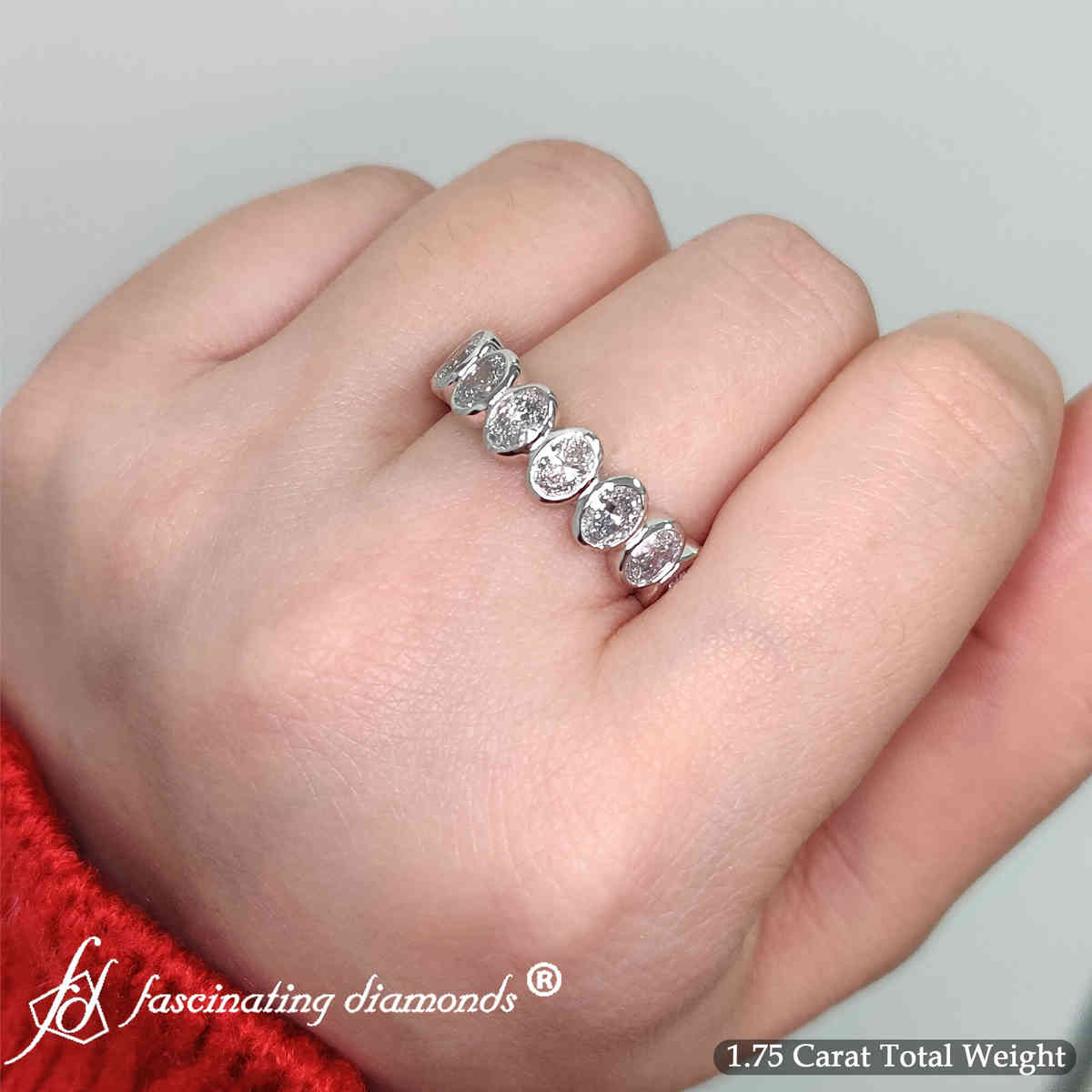 1.80 Carat Half Eternity Diamond Ring Oval Cut Bezel with 950 Platinum White Diamond