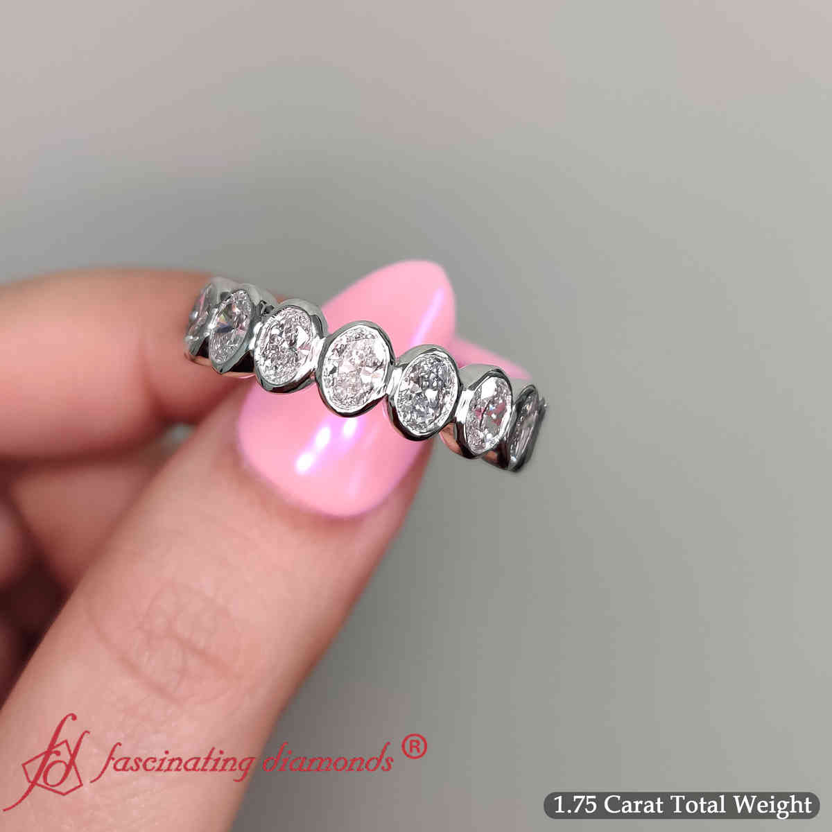 1.80 Carat Half Eternity Diamond Ring Oval Cut Bezel with 950 Platinum White Diamond